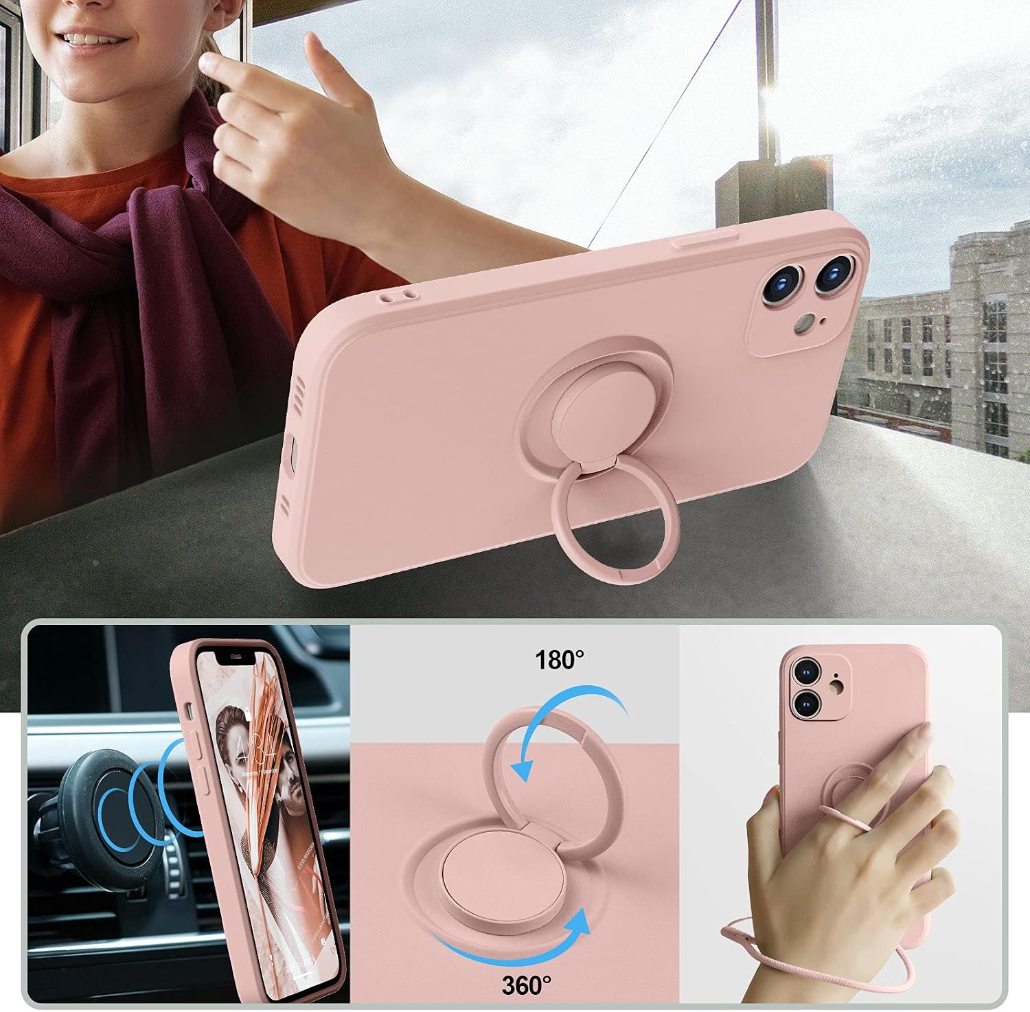 ABITKU Compatible with iPhone 12 Mini Case, Silicone with 360°Ring Kickstand Holder (Support Magnetic Car Mount) Soft Silk Microfiber Cloth Designed for iPhone 12 Mini 5.4 inch 2020 (Pink)