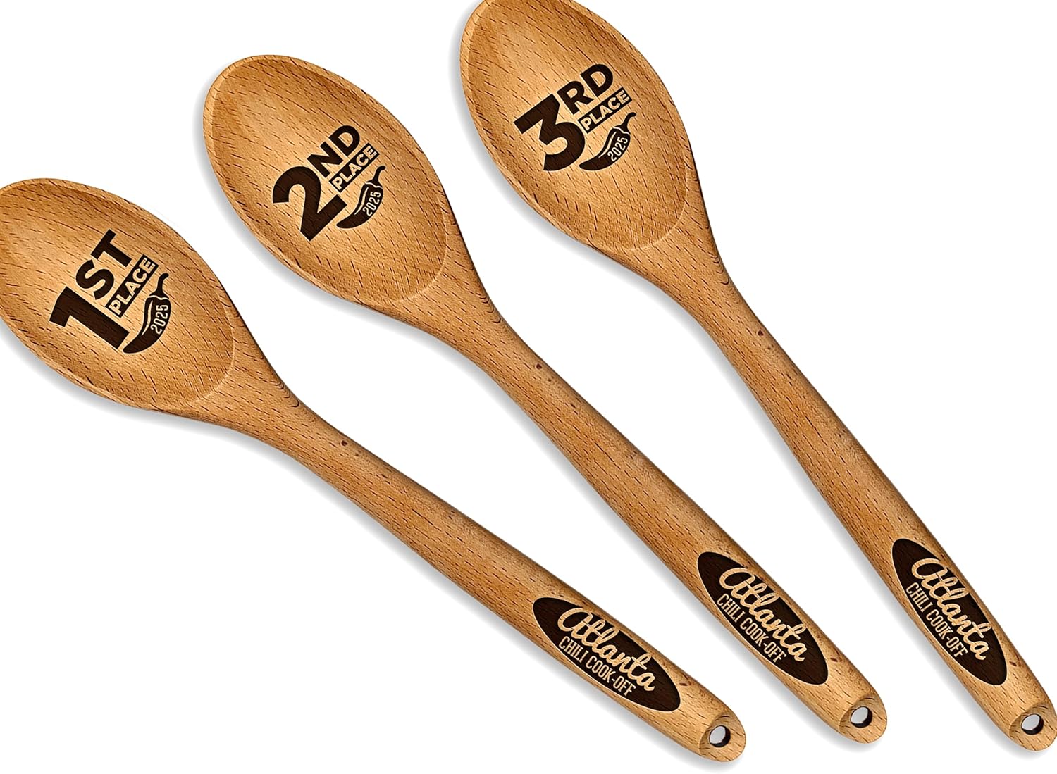 Personalized Engraved Wooden Spoon Set (Set of 3) – Custom Text for Chili Cook-Offs, Recipe Contests & Kitchen Awards