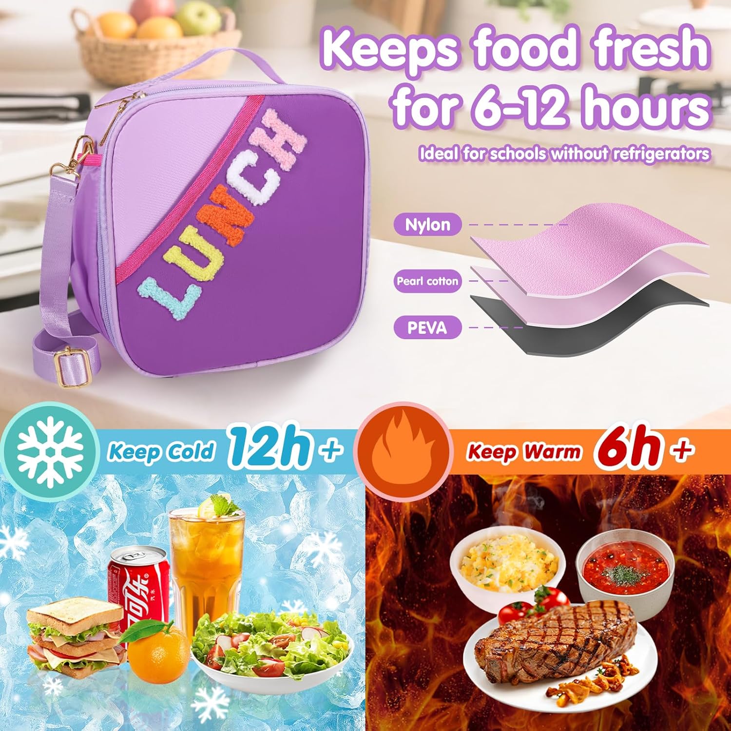 Lunch Bag Kids,Insulated Lunch Bag With Adjustable Shoulder Strap,Reusable Lunch Bag for Kids, Girls,Boys, lunch Bag Women,Preppy Lunch Box for School,Travel, Picnic (dark purple) - Image 3