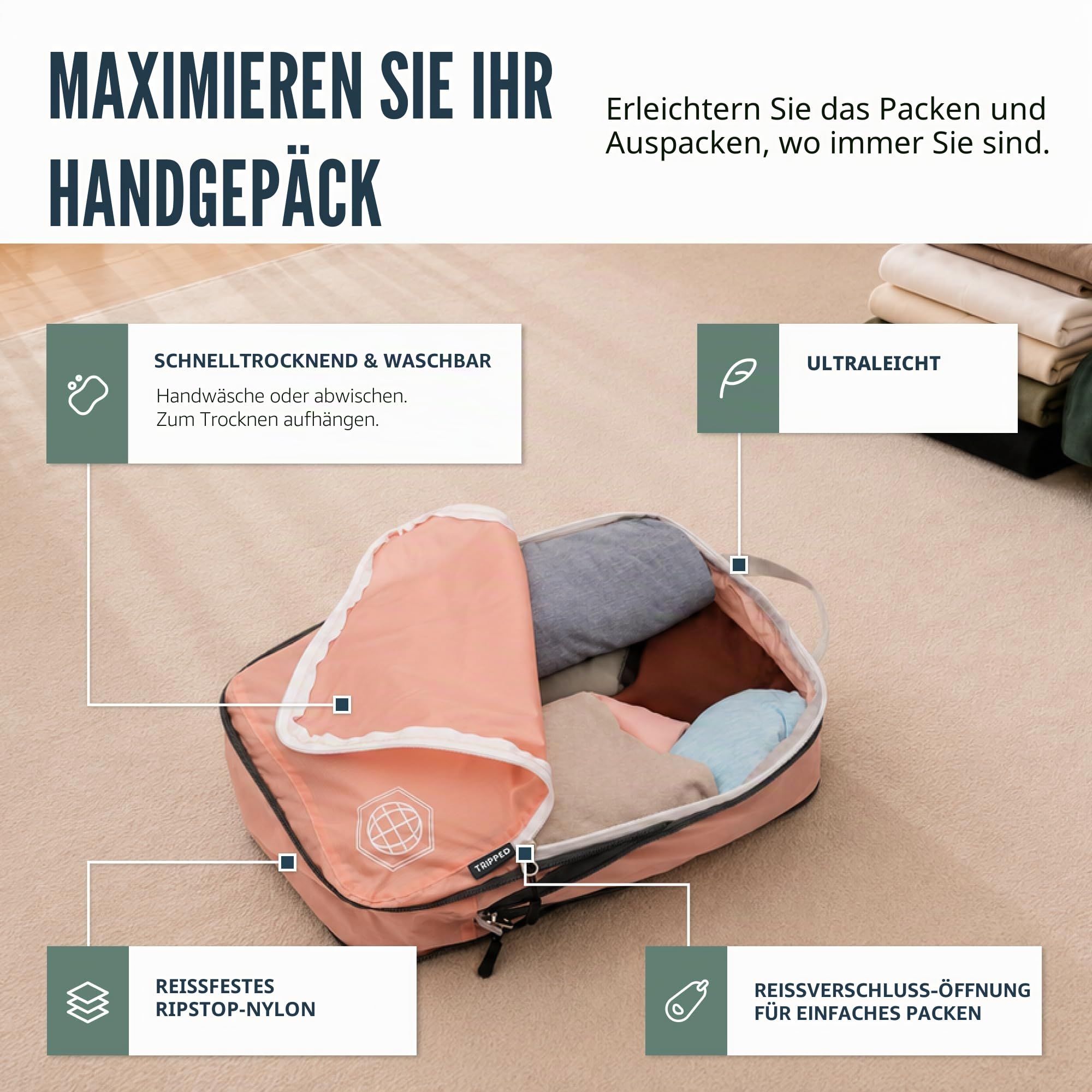 Kompressions-Packwürfel-Set für Reisen – leichter, robuster Kleidung-Organizer für Handgepäck und Koffer von TRIPPED Travel Gear, 6 Piece