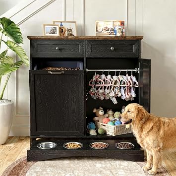FIMELLO 39.7W Dual Doors Dog Food Storage Cabinet, Tilt-Out Dog Feeding Station with 4 Feeding Bowls, Pet Feeder Cabinet, Black Grain