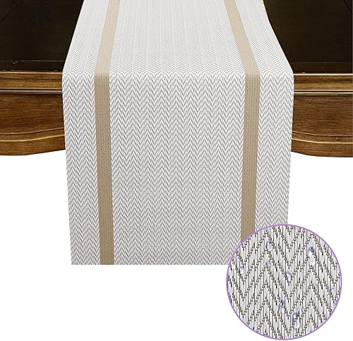 Miniatura 3 de FAVE Camino de mesa de vinilo tejido blanco tejido con hilos dorados, 72 x 12 pulgadas, resistente al calor, lavable, impermeable, camino de mesa de