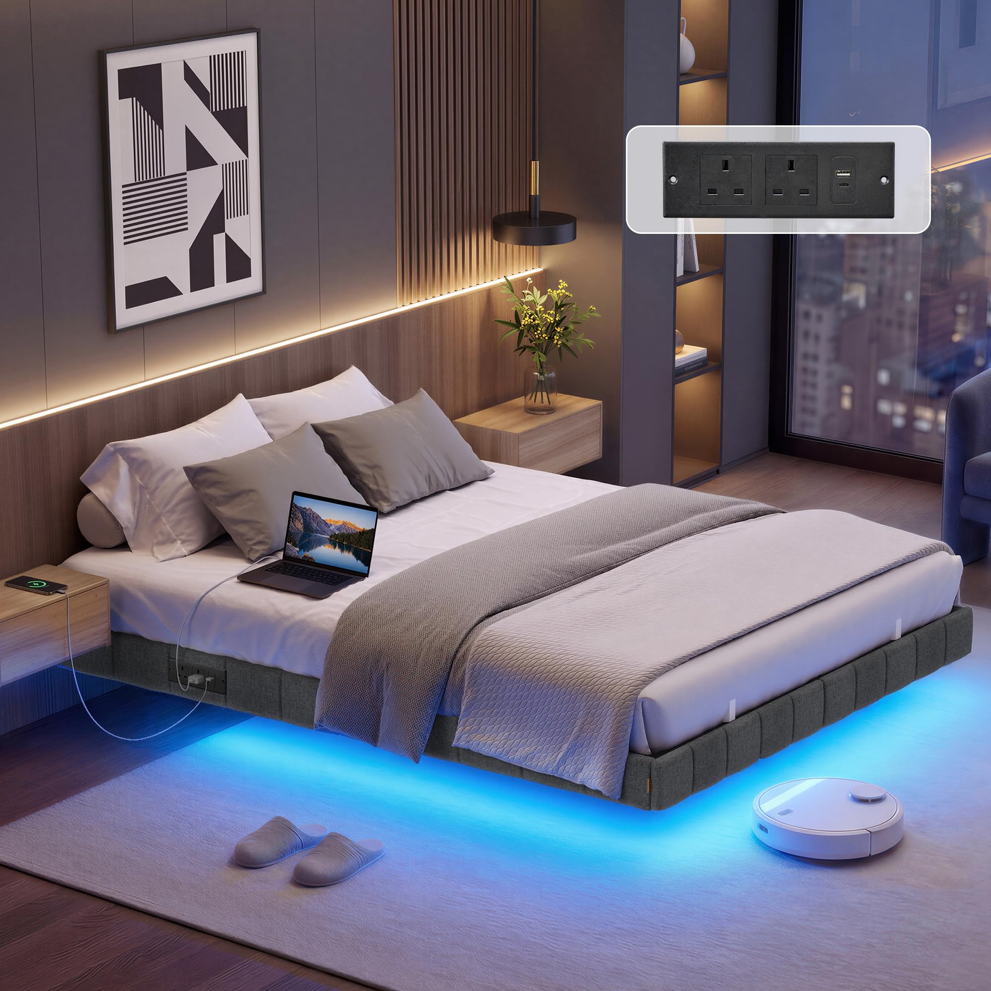 VASAGLE Double Floating Bed Frame 135 x 190 cm, Platform Bed with LED Lights and Charging Station, Padded Sides, 2 AC Outlets, 1 USB-A Port, 1 USB-C Port, Supports up to 500 kg, Slate Grey RMB166G101