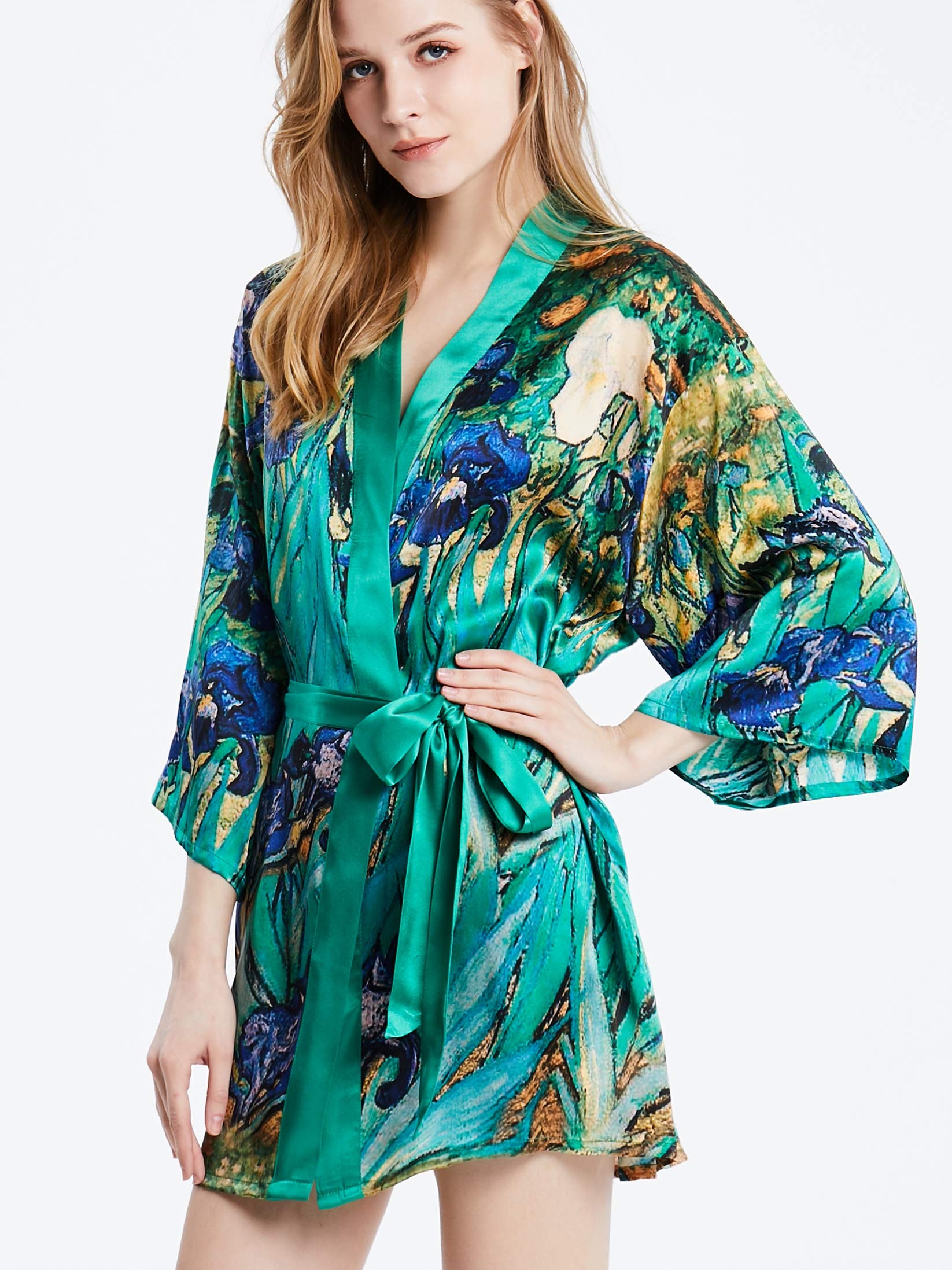Damen Seidenkleid kurz Mini-Kimono aus 100% Seide mit Gürtel eleganter Morgenmantel Yukata für Sommer & Zuhause