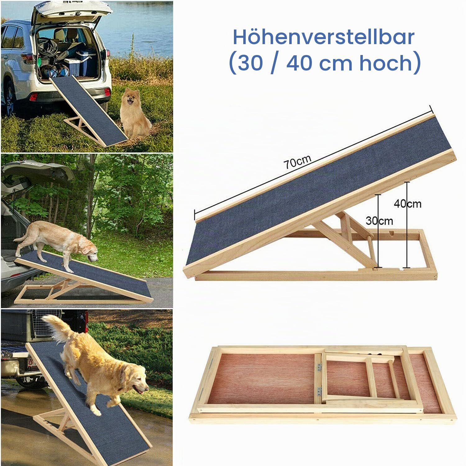 Hunderampe Auto klappbar, Höhenverstellbare Hundetreppe Katzenrampe für Sofa und Bett – Auto Dog Rampe aus Echtholz, Anti-Rutsch Haustierrampe für Indoor & Outdoor, Leichtes Design, 30 / 40CM Höhe
