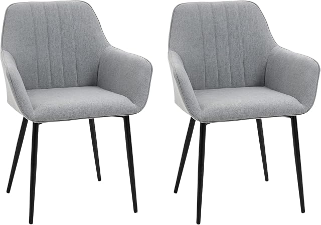 HOMCOM Dining Chairs Upholstered Linen Fabric Accent Chairs with Metal Legs, Set of 2, Light Grey
