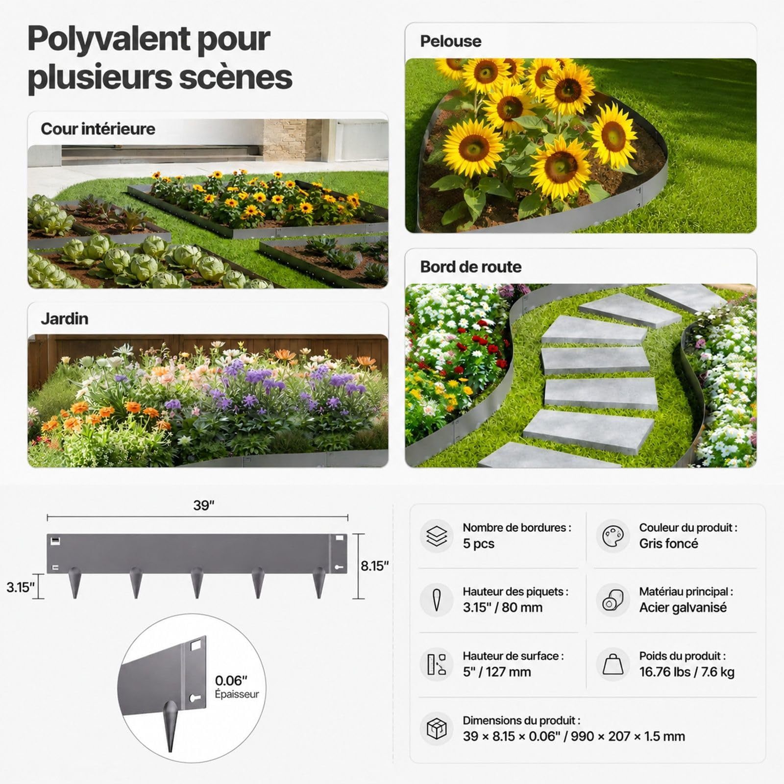 Bordure de Jardin en Acier, Lot de 5 pièces Gris foncé pour pelouse et parterres