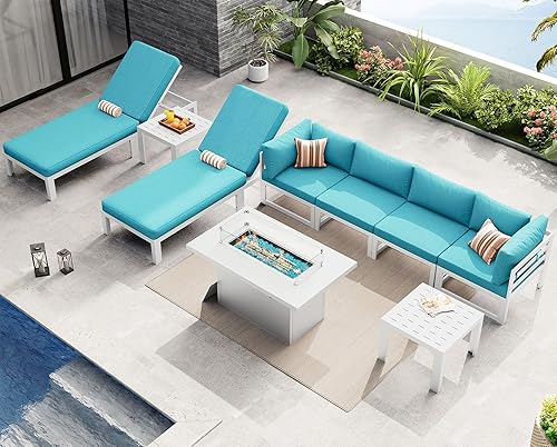 Miniatura 695 de NICESOUL 7 Piece White Powder-Coated Aluminum Patio Furniture with Fire Pit Table, 29 Inch Extra Wide Outdoor Sectional Sofa for 6, High-End Heavy