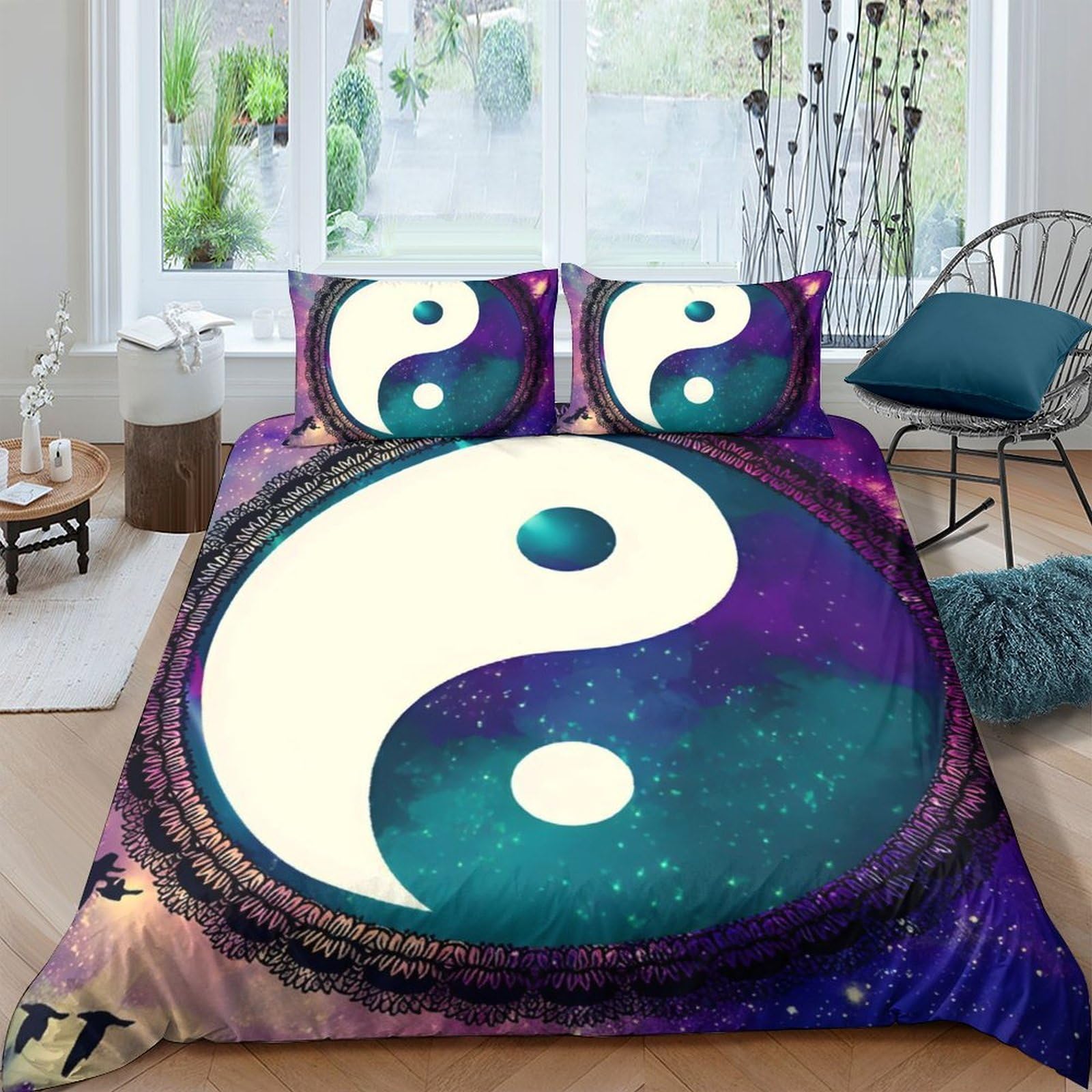 Ctjqhvkz Style-1 3D Printed Yin Yang Galaxy Fitted Sheet Microfiber Soft Breathable Cosmic Nebula Mattress Cover For Bedroom Dorm Decor Single（135X200cm）