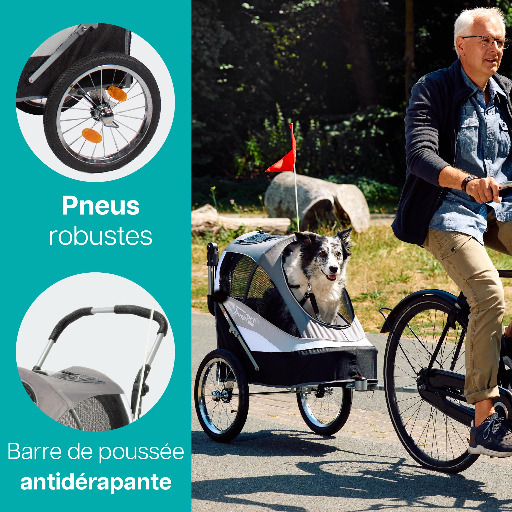 Innopet Sporty Dog Trailer Deluxe Noir/Argent - Poussette pour chien et remorque pour vélo 2 en 1 avec housse de pluie Capacité30 kg - Drapeau - Barre d'attelage et connecteur pour vélo