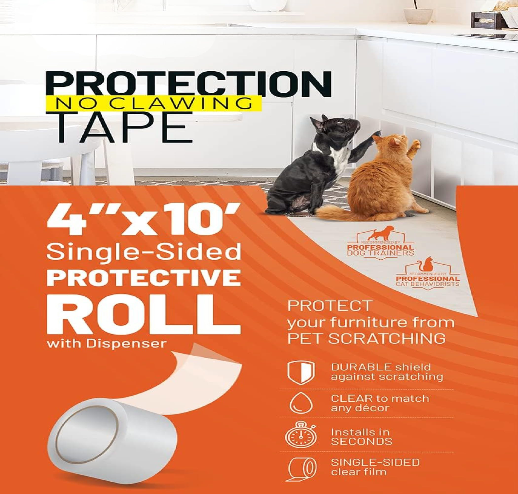 CLAWGUARD Protection Tape Roll – 4 in x 10 ft Single-Sided Scratch Barrier – Door Scratch Protector Dog & Cat – Couch Cat Scratch Protector