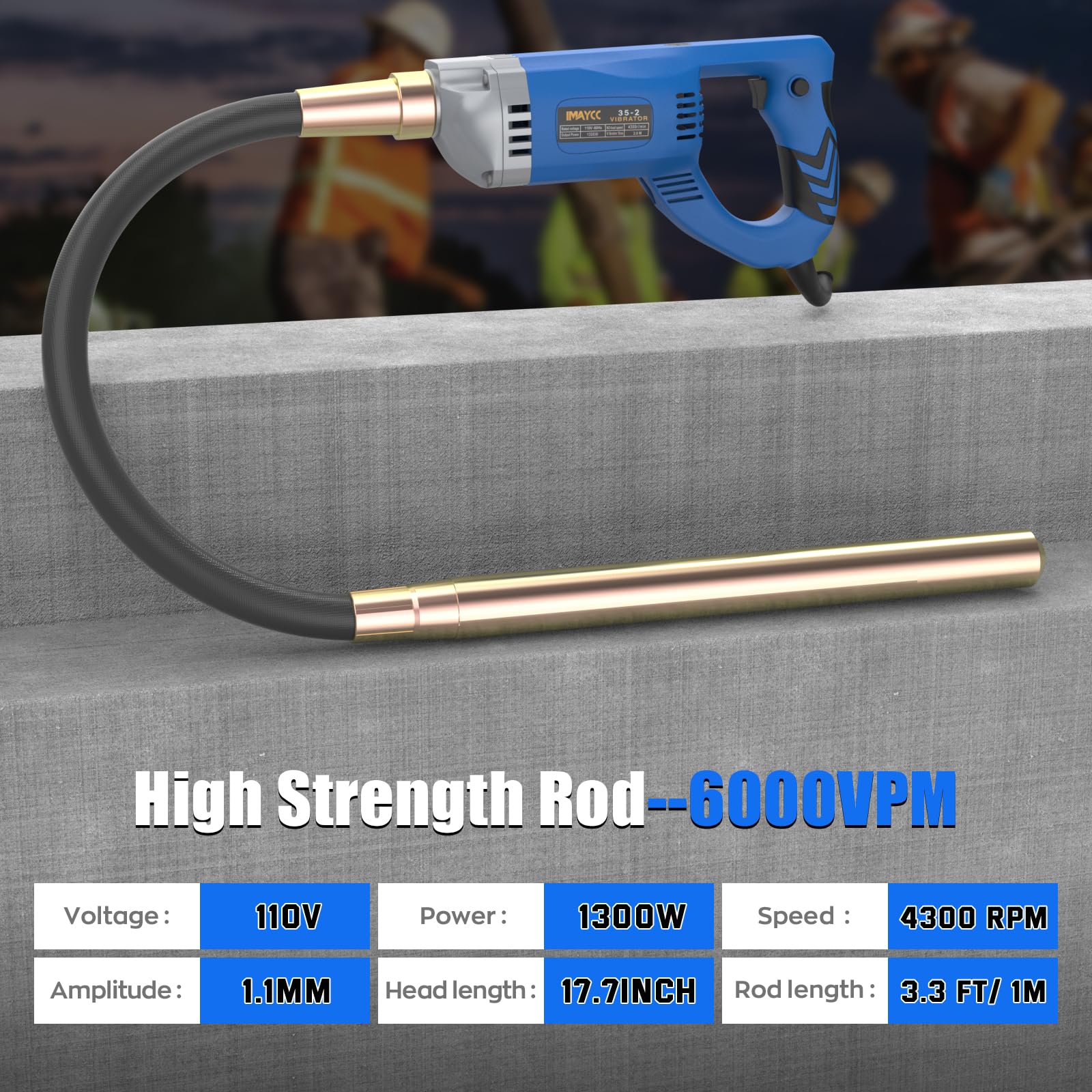 IMAYCC Nuovo vibratore elettrico portatile per calcestruzzo, 1300 W, asta di rame lunga 1 m, per calcestruzzo, per occasioni di costruzione in calcestruzzo, come strade, casa, ecc