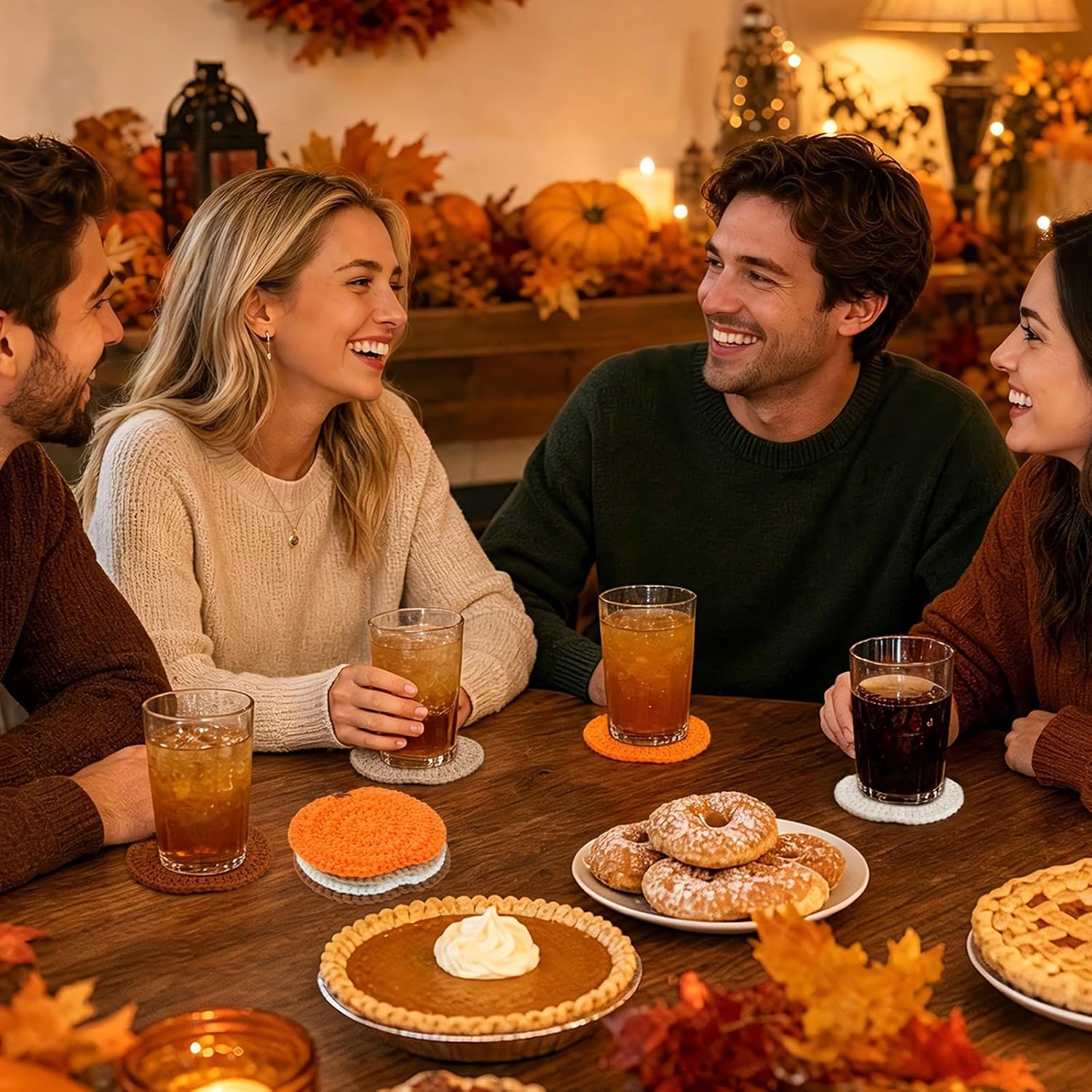 UPINS 8Pcs Pumpkin Crochet Coasters,Fall Themed Drink Coasters Set