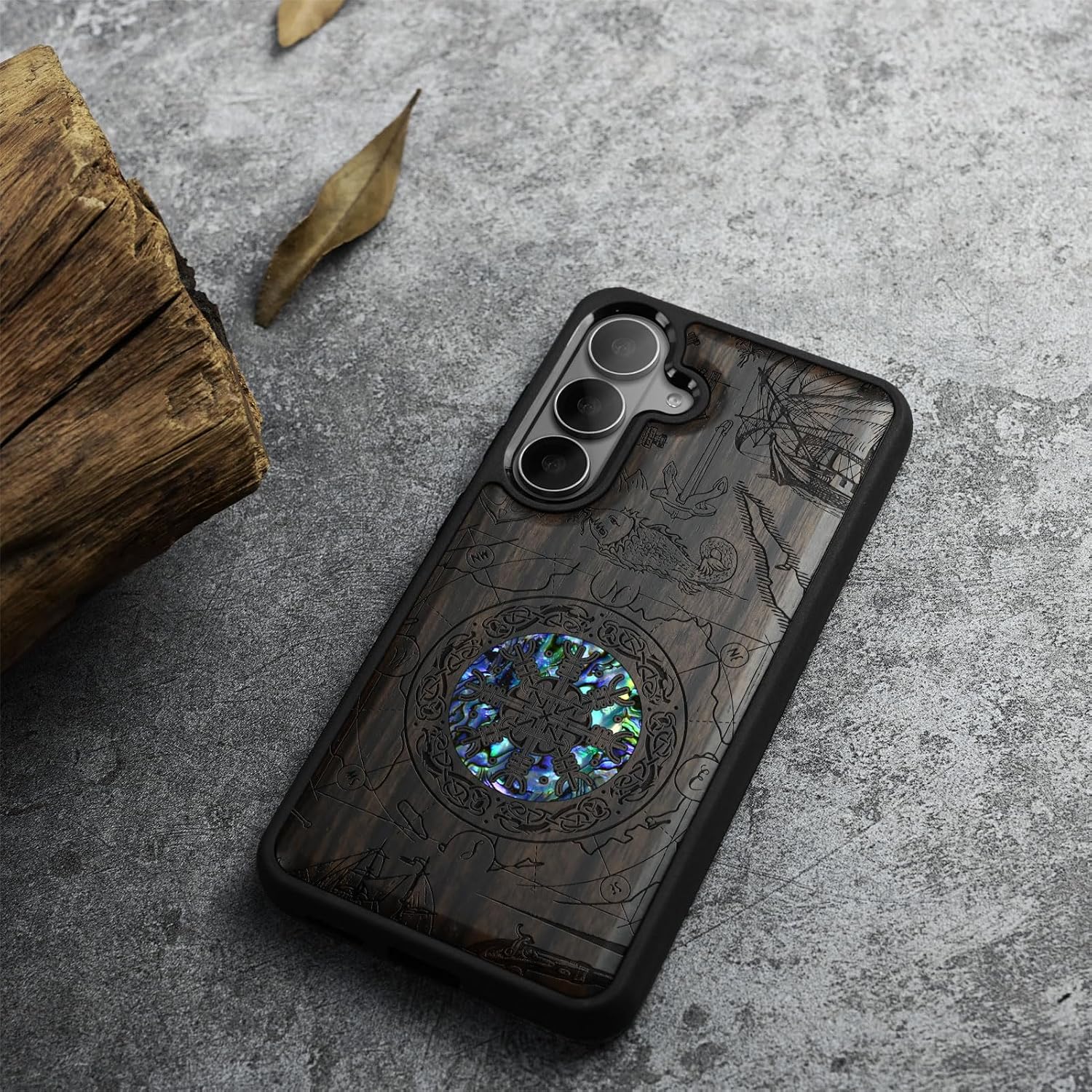 Carveit Magnetic Wooden Case for Galaxy S26+ / S26 Plus Case, Wood Artisan Engraved & Handmade Shell Inlaid, Compatible with MagSafe Wireless Chargers (Viking Shield) Blackwood