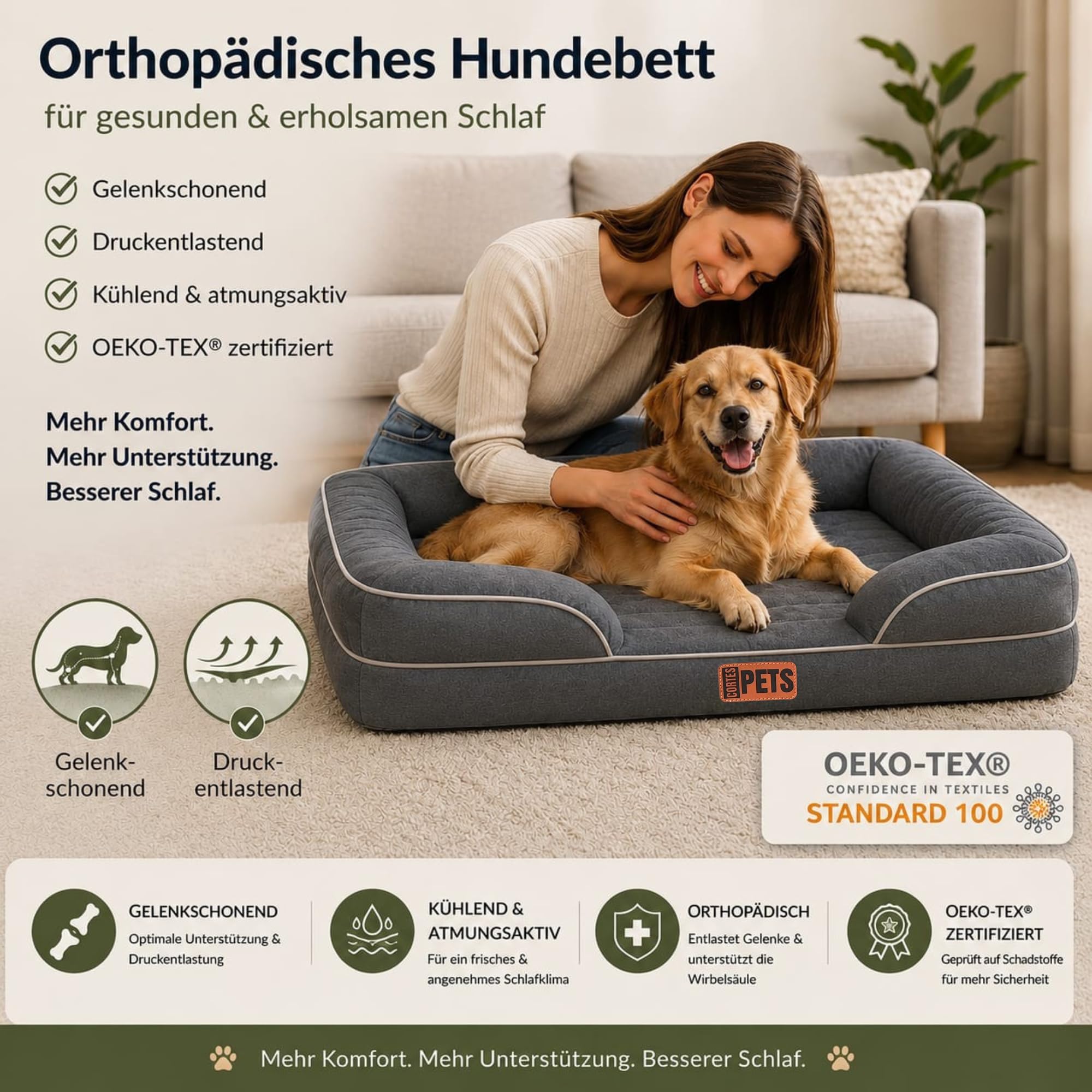 Cama Ortopédica para Perros medianos - con Espuma Viscoelástica, 2 cm de Gel Refrigerante, Impermeable y Base Antideslizante - Sofá para Perro mediano (LARGO: 90cm - ANCHO:64cm ALTO: 17cm)