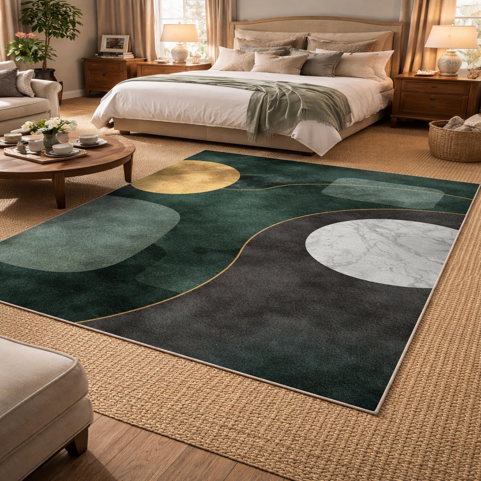 Grand tapis de salon moderne vert 180x270 cm géométrique abstrait intérieur