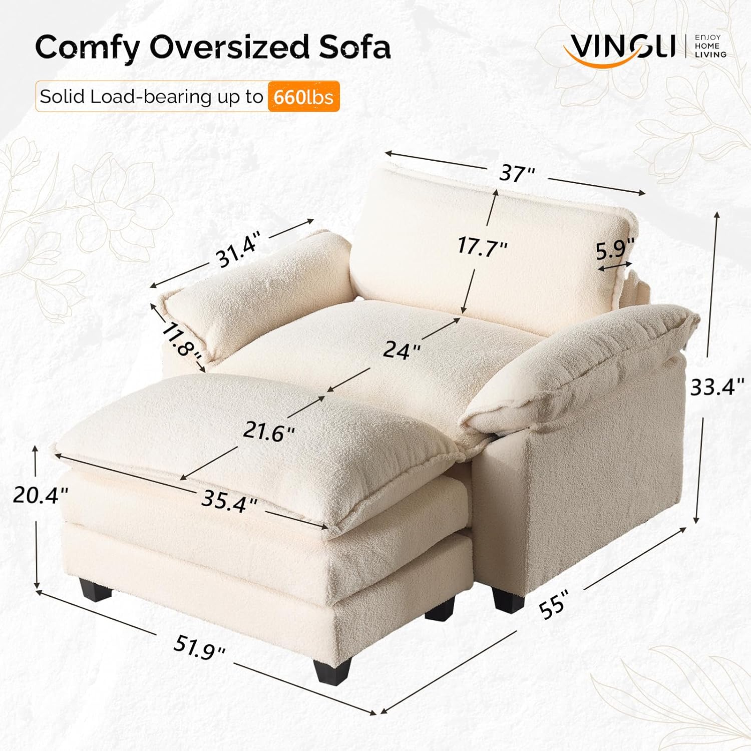 VINGLI Oversized Sofa Chair and a Half with Deep Seat & Movable 2-Layer Ottoman Set, Comfy Cloud Sofa Bed with Chaise, 1-Seater Modular Sectional Sleeper Couch for Living Room, Teddy-Fleece, Beige 1 81PtmChLTFL. AC SL1500