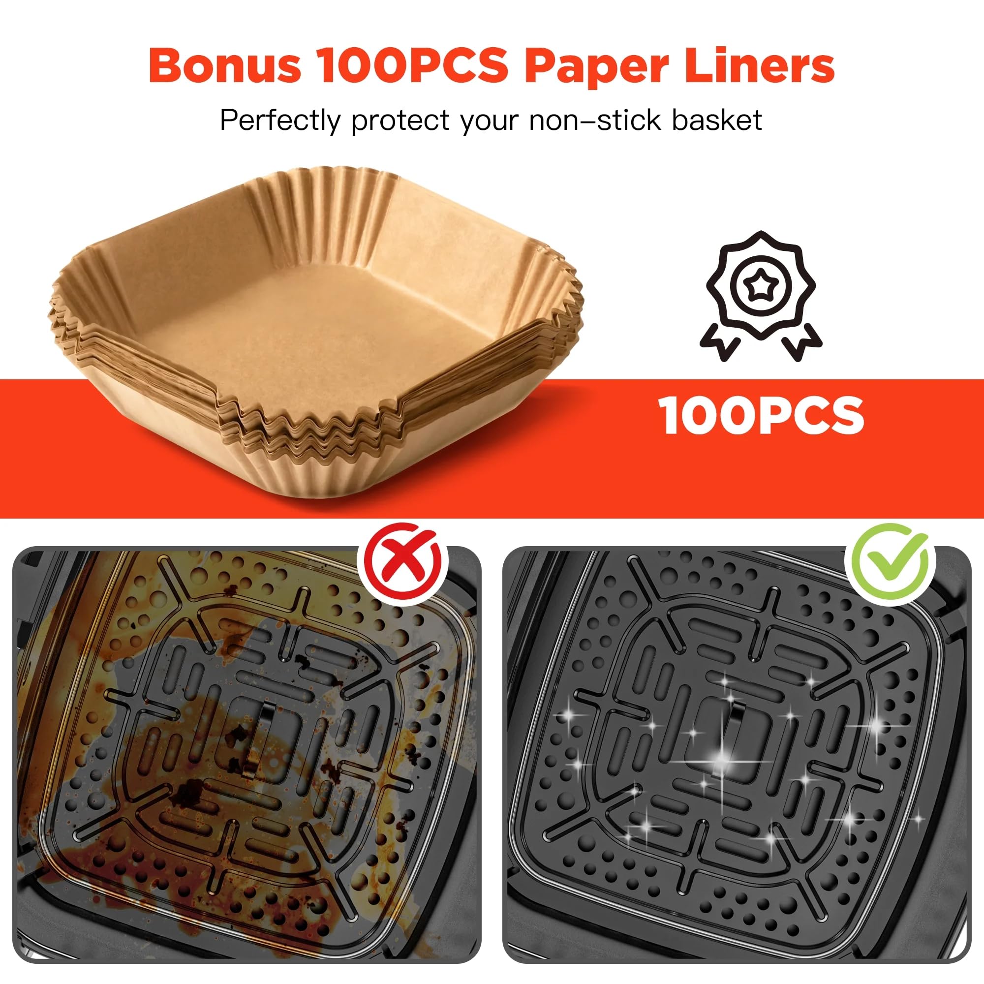 Air fryer basket with paper liners and comparison of dirty vs. clean basket