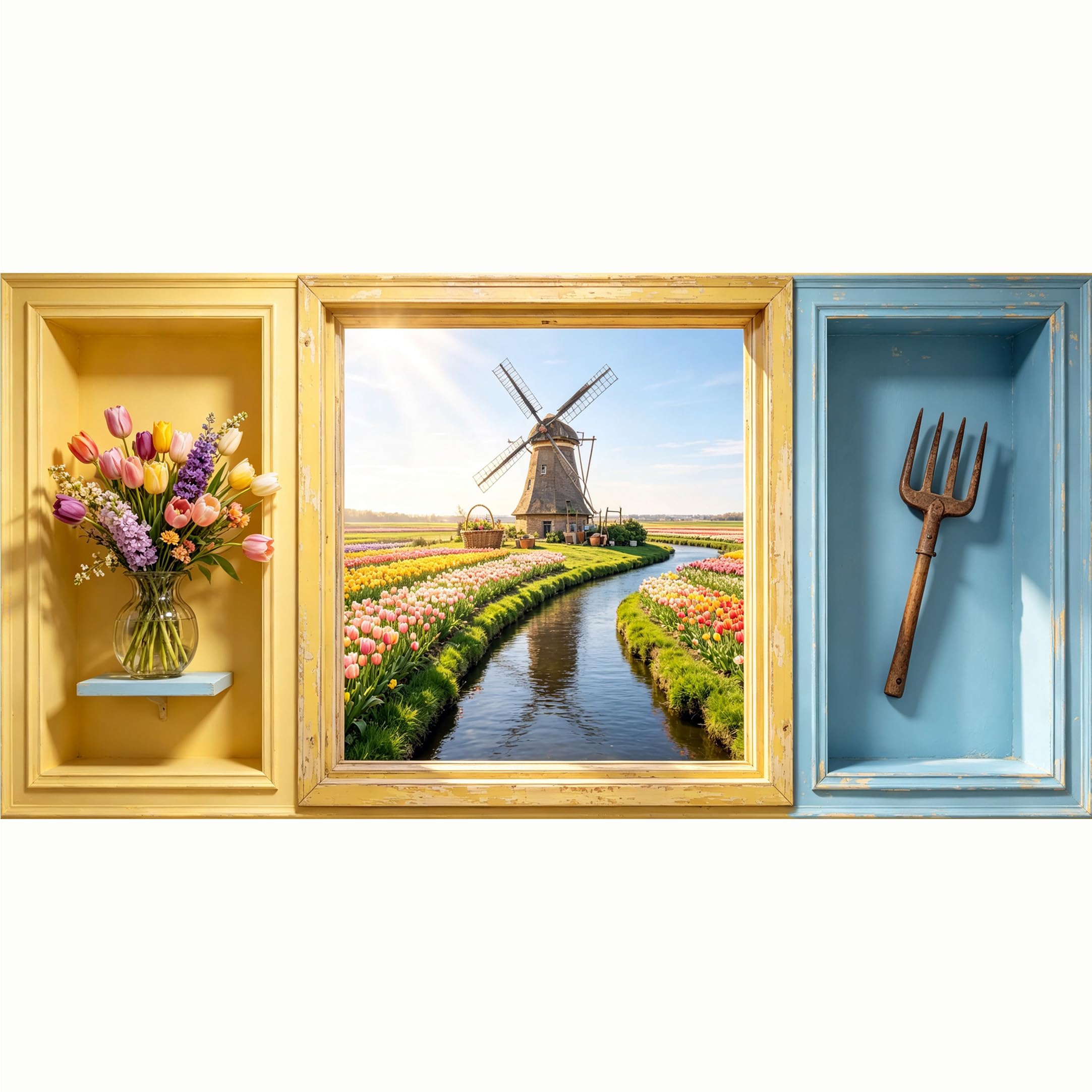 QZLITHOTIC 50x100cm 3D Framed Wall Art， Dutch Windmill Tulip Field Farmhouse Self‑Adhesive Mural， Water‑Activated Peel & Stick Fabric Decor Wall Decal for Bedroom Living Room