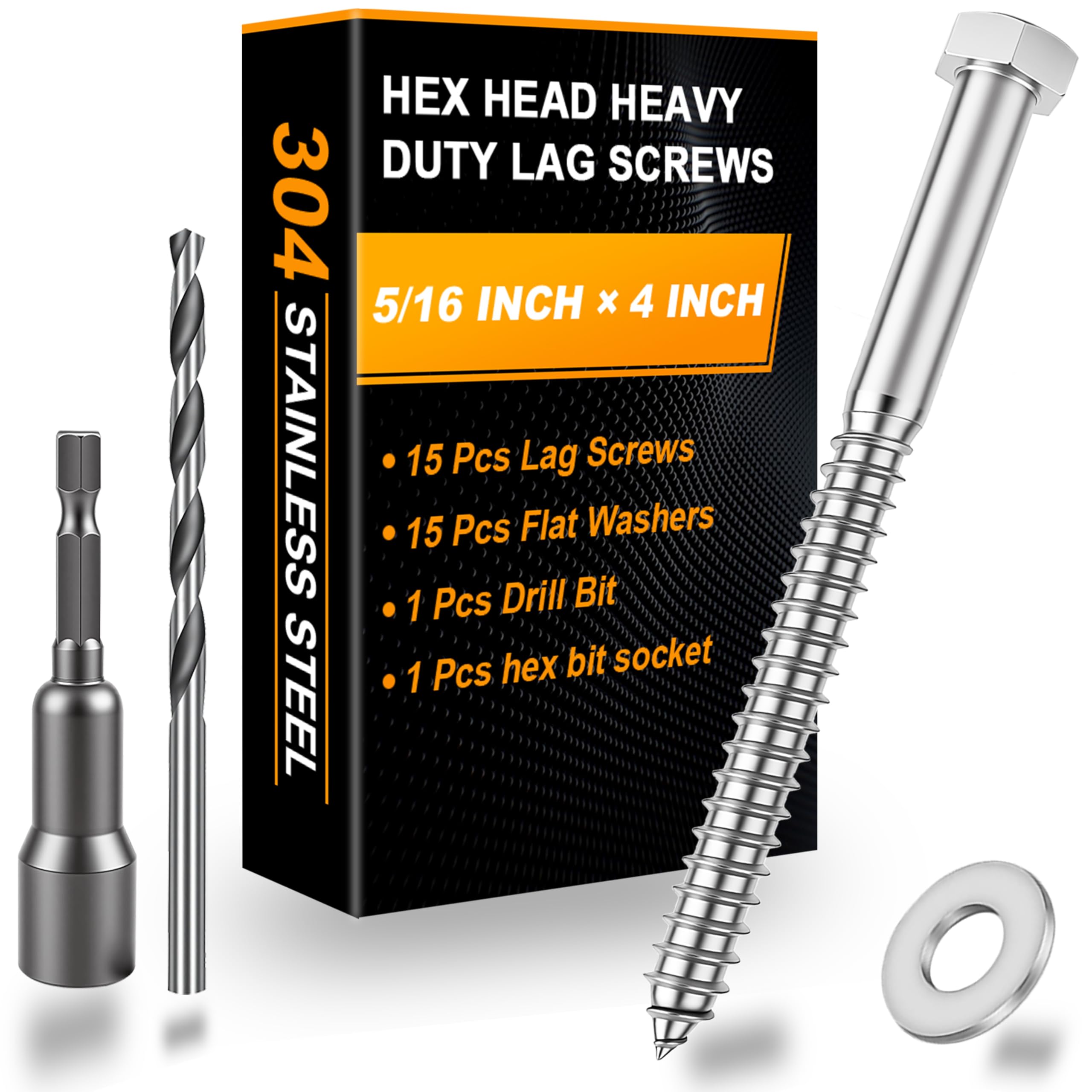 15 tornillos de cabeza hexagonal de 5/16 x 4 pulgadas para madera, pernos de cabeza hexagonal, tornillo de madera resistente 18-8 de acero inoxidable 304 con arandelas planas (15, 5/16 x 4