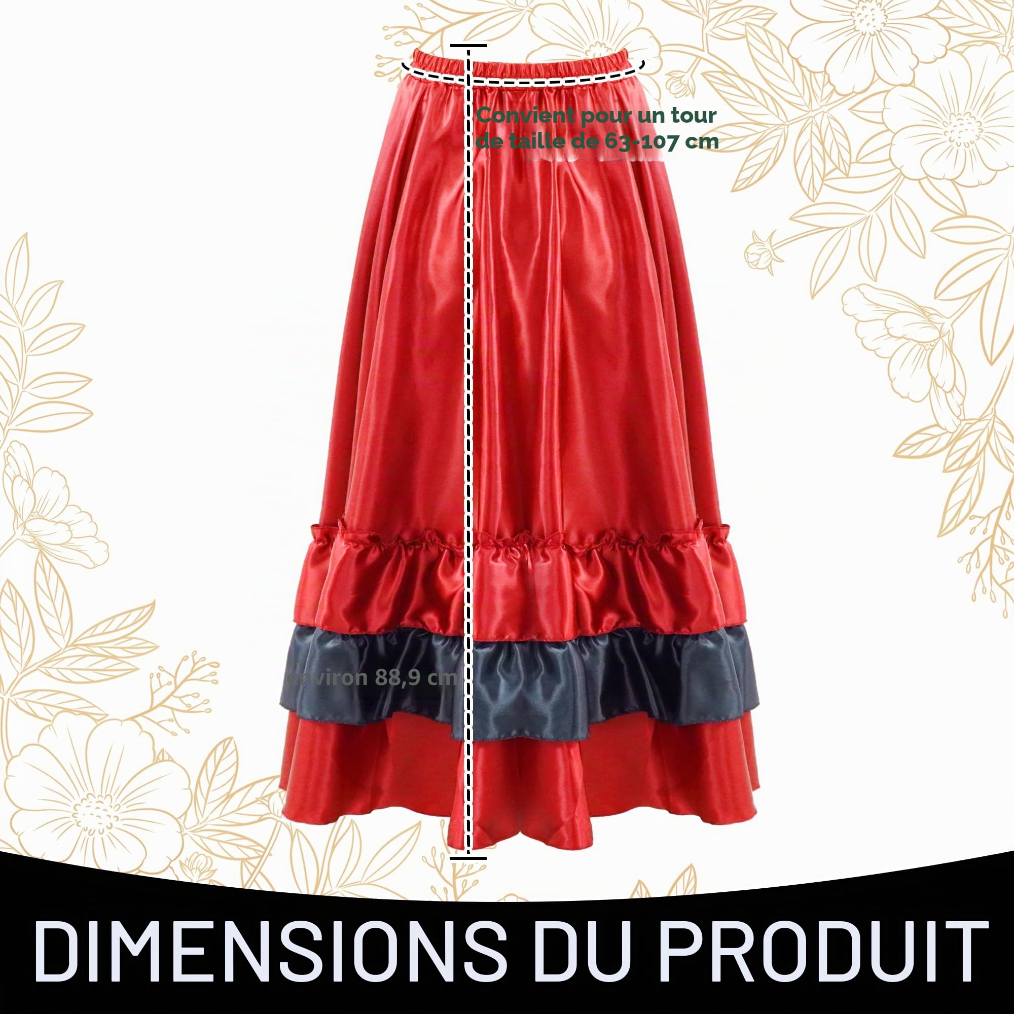 Baisdan Jupe Danse Orientale en Satin pour Femme, Jupe Flamenco Multicouches avec Volants, Idéale pour Danse du Ventre et Spectacles Orientale