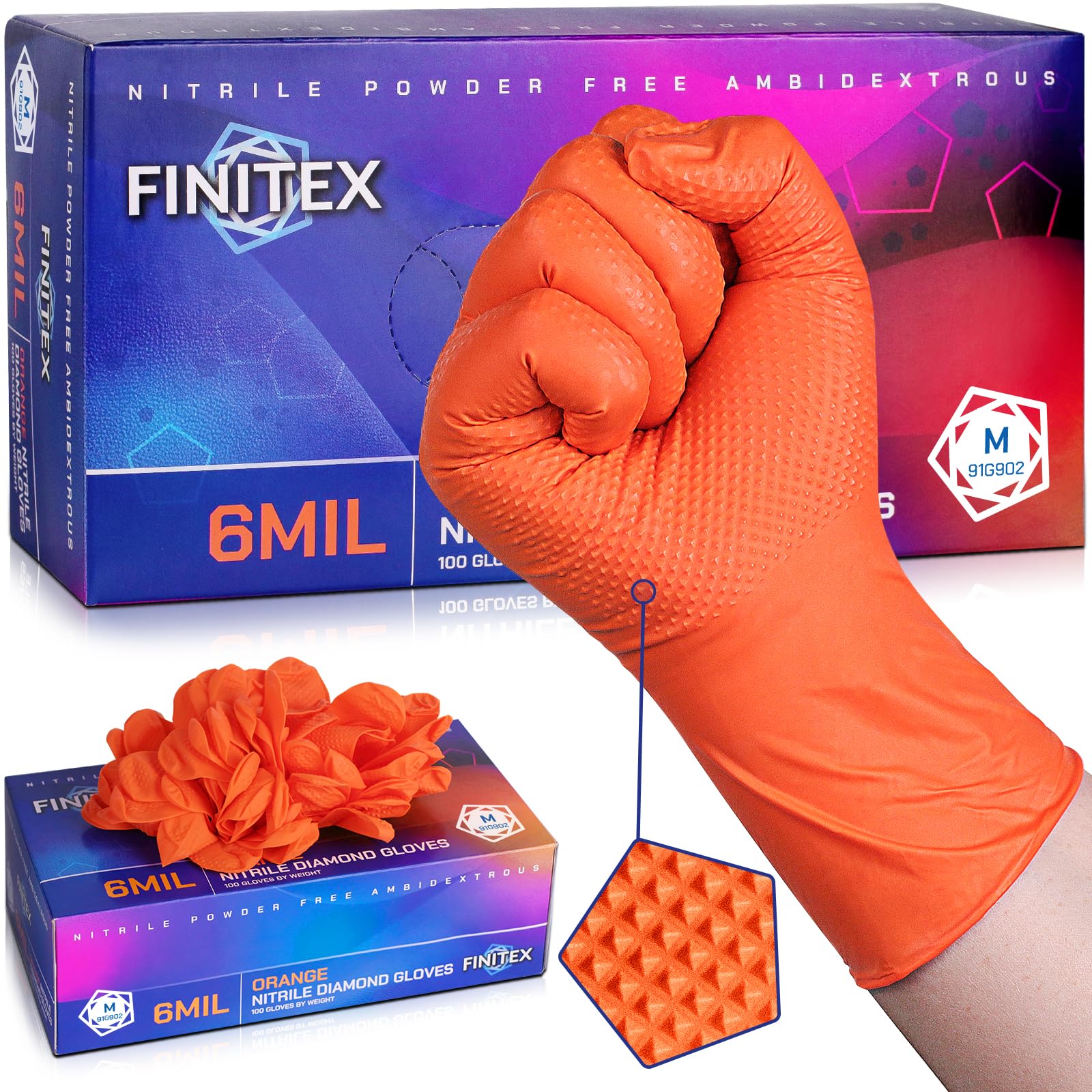 FINITEX Disposable Nitrile Orange 6.3mil Mechanic Heavy Duty Gloves