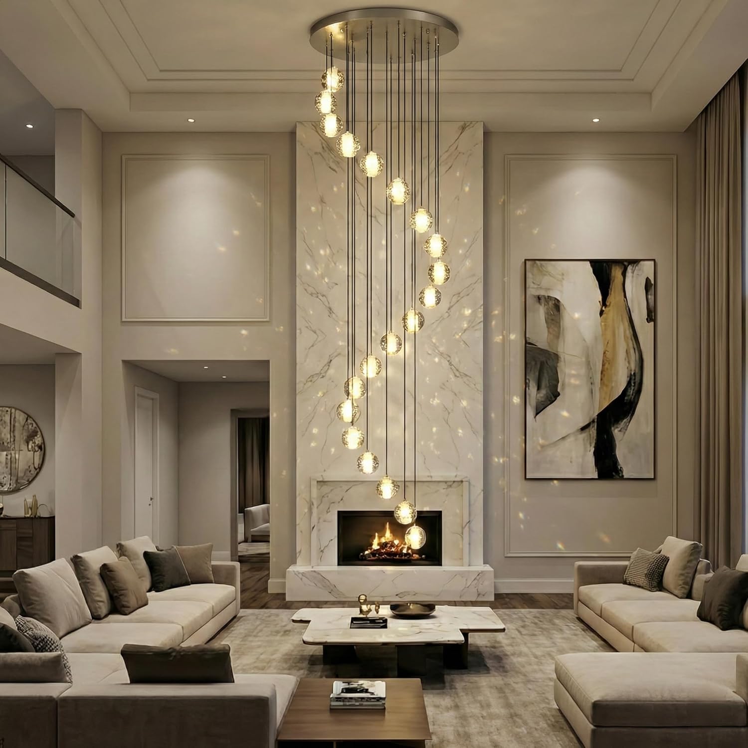 Large Spiral Crystal Chandelier for High Ceilings, Modern 20-Light Bubble Raindrop Pendant Lighting, Dimmable Long Chandelier, Adjustable Chrome Fixture for Stairwell, Foyer, Living Room