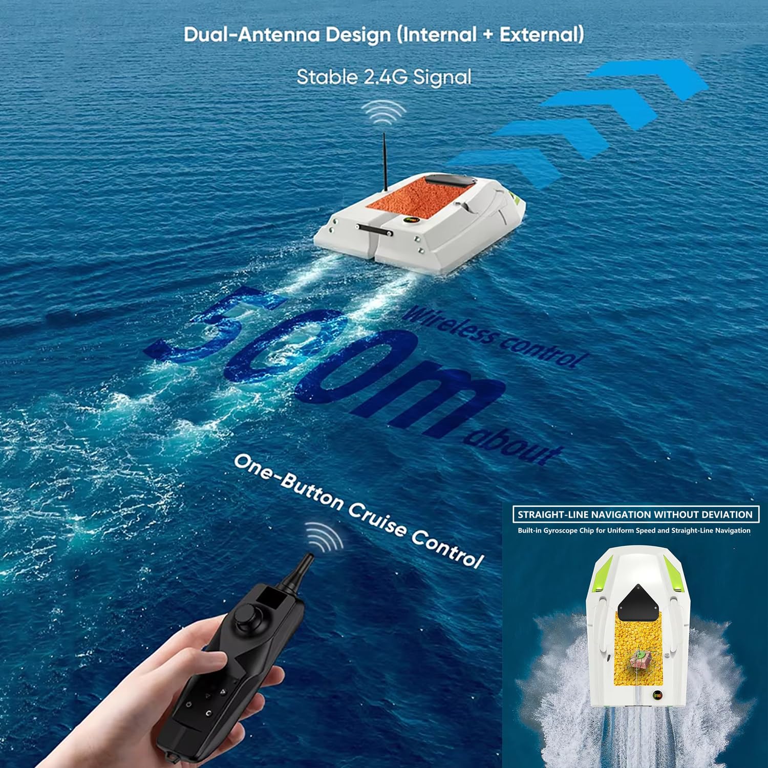 Bateau amorceur Peche Carpe, Bateau de pêche appât avec GPS, 2 Batteries, éclairage de Nuit, positionnement 100 Points, Vitesse réglable, Filet de traîne, Charge de 2 kg (Blanc)