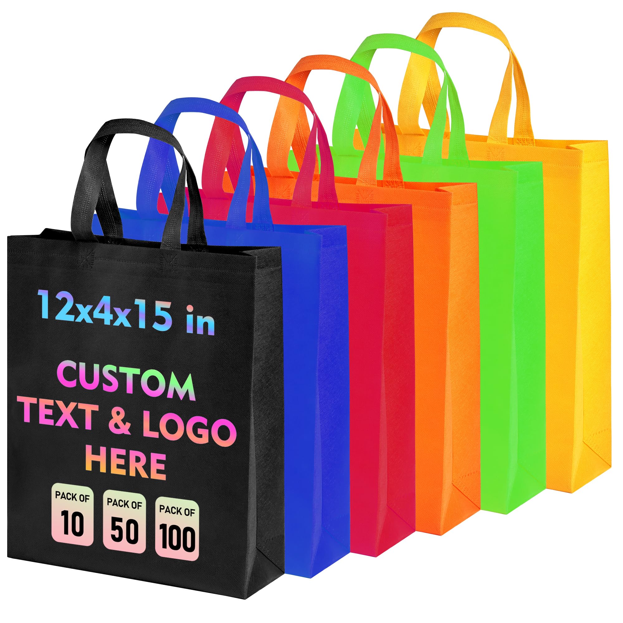 RACETOP Custom Tote Bags, 12 * 4 * 15in Reusable Non-woven Bags with Handle, Personalized Logo Text, Bulk Grocery Bag, Ideal for Shopping