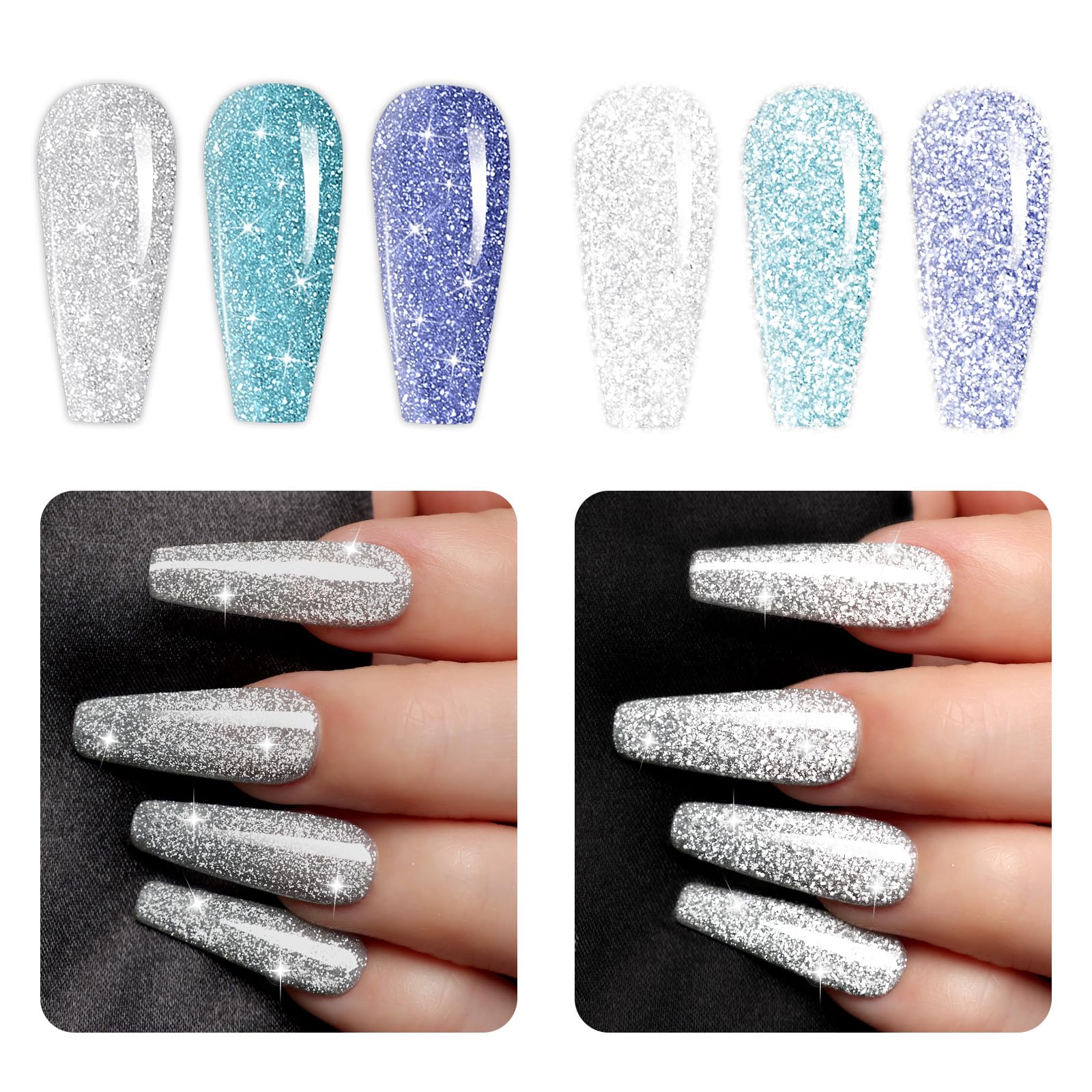 Gsnagole Sparkling Gel Nail Polish Set with 3 Colors Silver, Blue, Purple Holographic Gel Polish Kit UV LED Soak-off Nail Polish Home DIY Nail Salon (SZJset-1-silver-blue-purple)