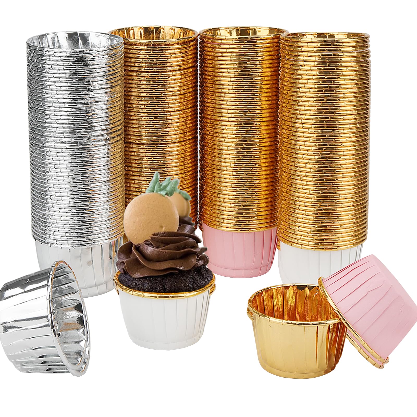 HAKZEON 200PCS Small Foil Cupcake Cases Bulk, Foil Cupcake Cups Liners, Muffin Cases, Greaseproof Baking Cups for Baking, Desserts in Party, Wedding, Birthday