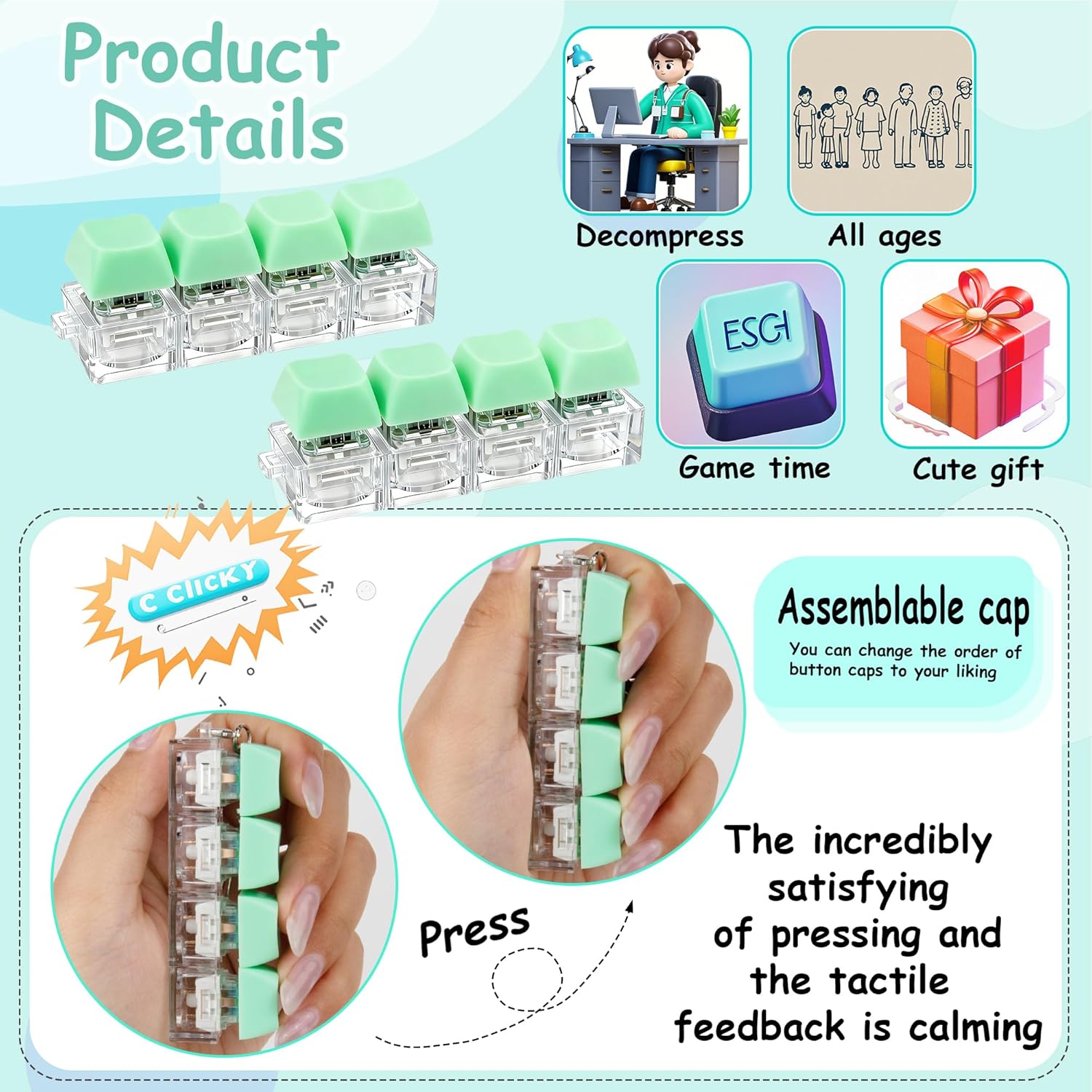 2 Pcs Keyboard Fidget Toy, Keyboard Fidget Keychain 4-in-1 Keyboard Decompression Button Finger Clicker Toys, Button Stress Relief Fidget Gifts for Adult to Relief Stress (Light Green)