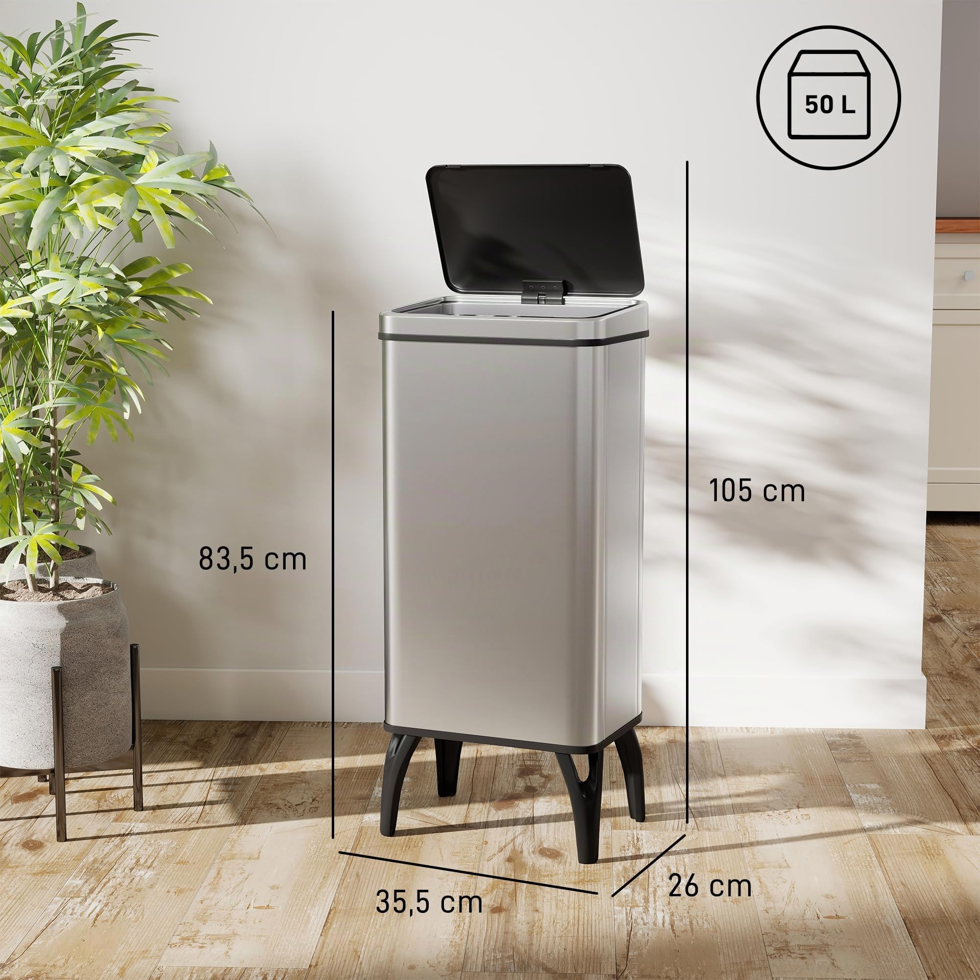 HOMCOM Cubo de Basura Cocina Automático 50 L con Sensor Infrarrojo Plata | Papelera de Cocina de Acero Inoxidable, Cierre Suave, Patas, Anillo de Retención, Antihuellas, para Oficina, Hogar