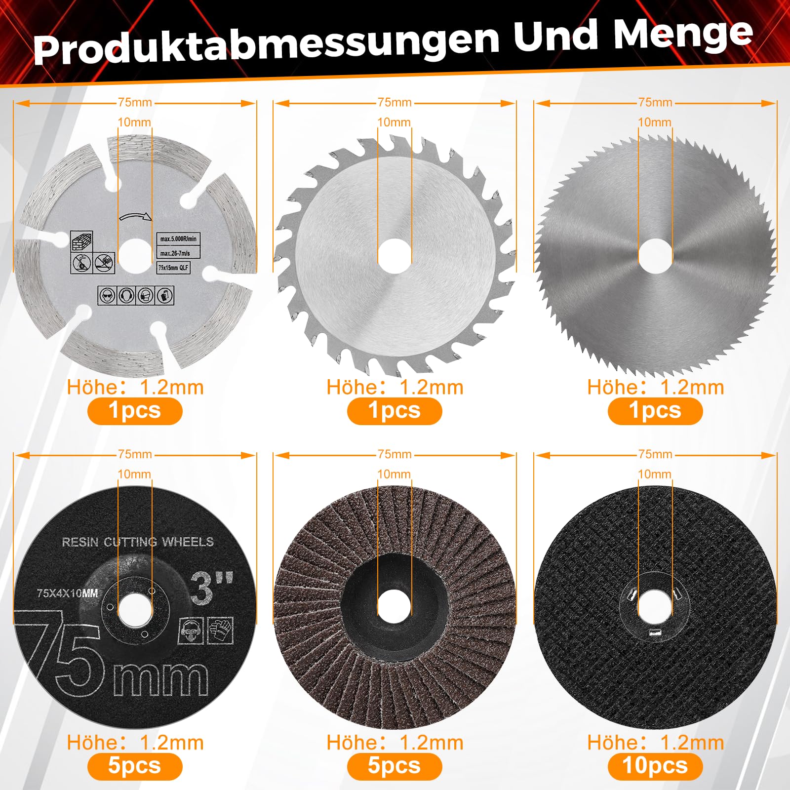 Set di 23 dischi da taglio e a ventaglio, 75 mm, 75 x 1,2 x 10 mm, dischi da taglio per piccole Flex, mini smerigliatrice angolare per levigare, tagliare e lucidare metallo, legno, pietra e plastica