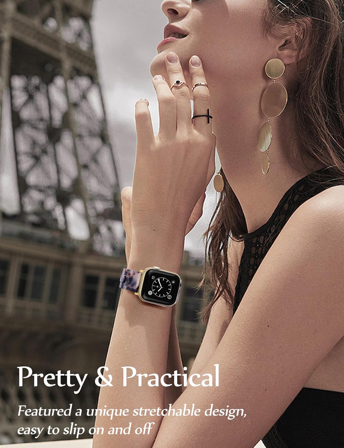 JR.DM Resin Stretchy Tortoise Shell Fancy Beaded Bracelet Light Watch Band Women Compatible with Apple Watch Band 38mm 40mm 41mm 42mm (S11/10) Strap Wristband for iWatch Series 11/10/9/8/7/6/5/4/3/2/1/SE/Ultra(S) - Image 5