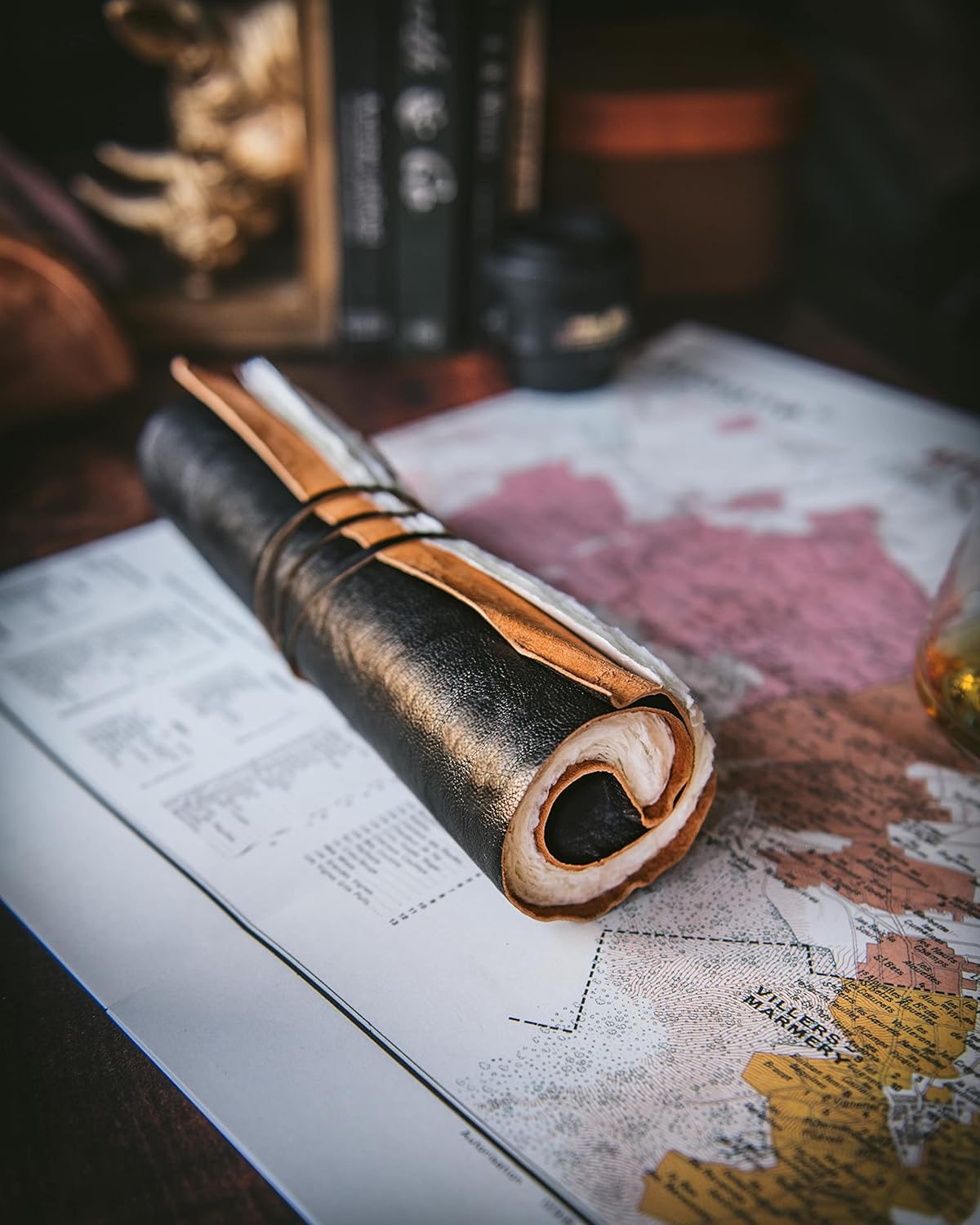 Handmade Leather Scroll Journal - 100 Pages Vintage Style Unlined Deckle Edge Rustic Paper - 9x6 Book of Shadows, Grimoire, Fantasy Medieval Gifts, Sketchbook, Antique Scrapbook (Black w/White Paper)