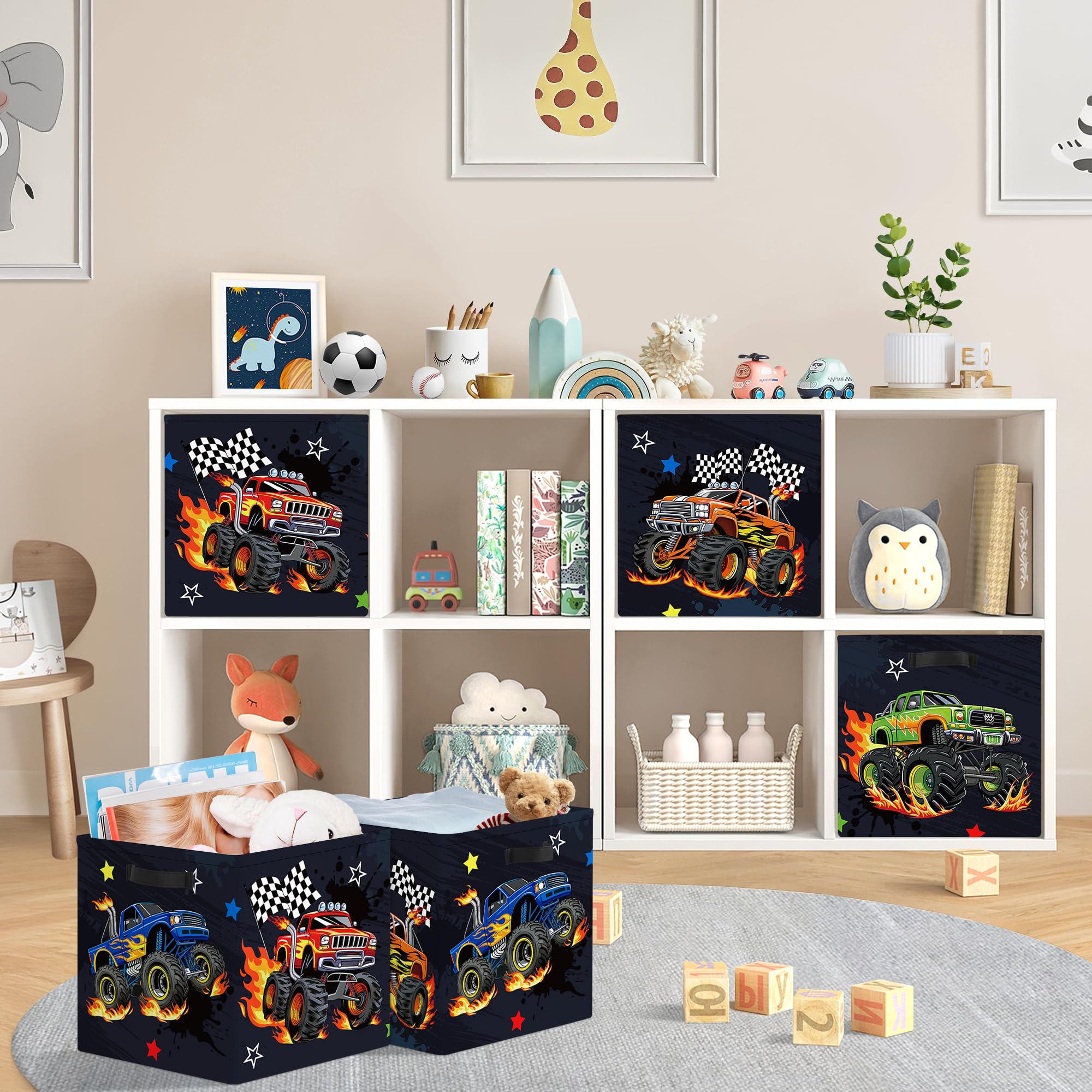 HUUMONSS 11.8" Construction Vehicles Storage Cube Organizer Set 3Pcs Clothes Storage Basket Bin for Home Cars Kid Book Toy Chest Monster Truck - Image 2