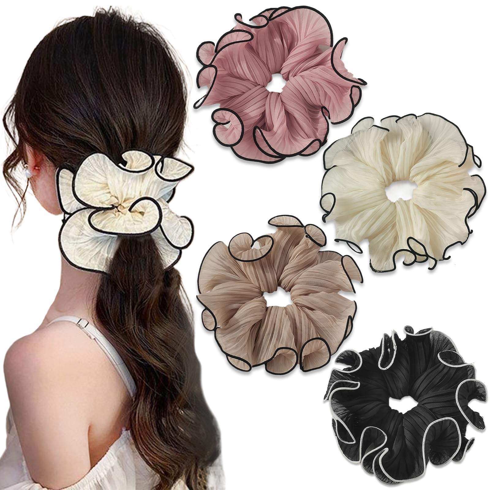 4 Pcs Big Scrunchies Jumbo Puffy Layered Stain Hair Ties Elastic Women Ponytail Holders Thick Thin Long Hair Accessories