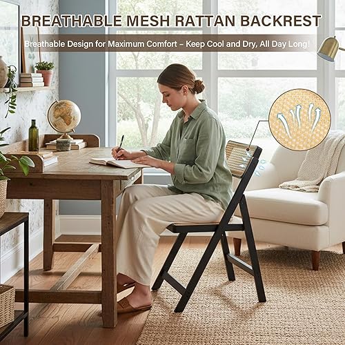 Miniatura 5 de Juego de 2 sillas plegables de ratán, sillas de comedor modernas de mediados de siglo, sillas de bambú al aire libre para dormitorio, sala de estar,