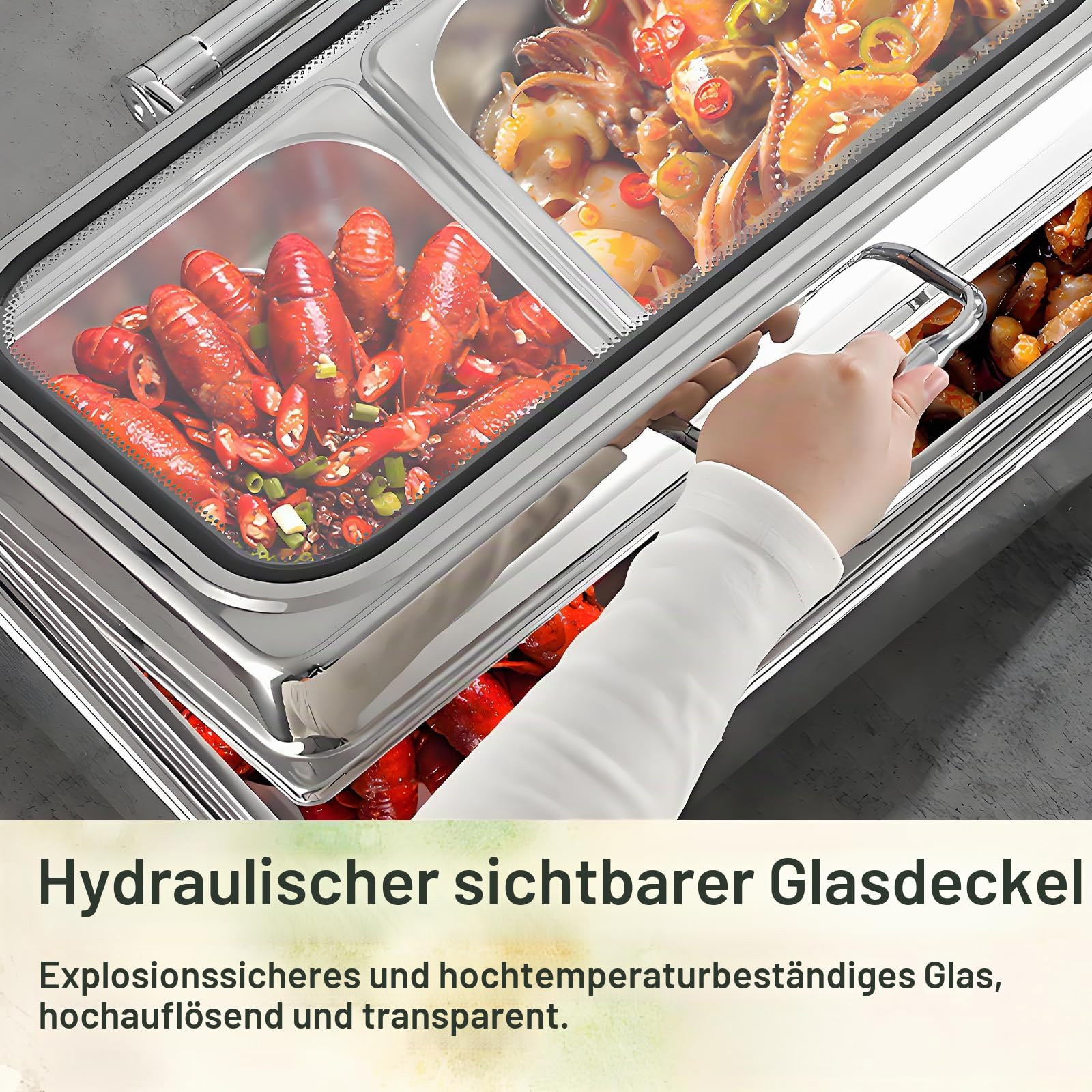 Elektrischer Chafing Dish Glasdeckel, 9L Edelstahl(1/3 Pan) | Speisewärmer Buffetwärmer Elektrisch Einstellbarer Temperatur, Warmhaltebehälter Essen Elektrisch mit Abnehmbarer Heizplatte