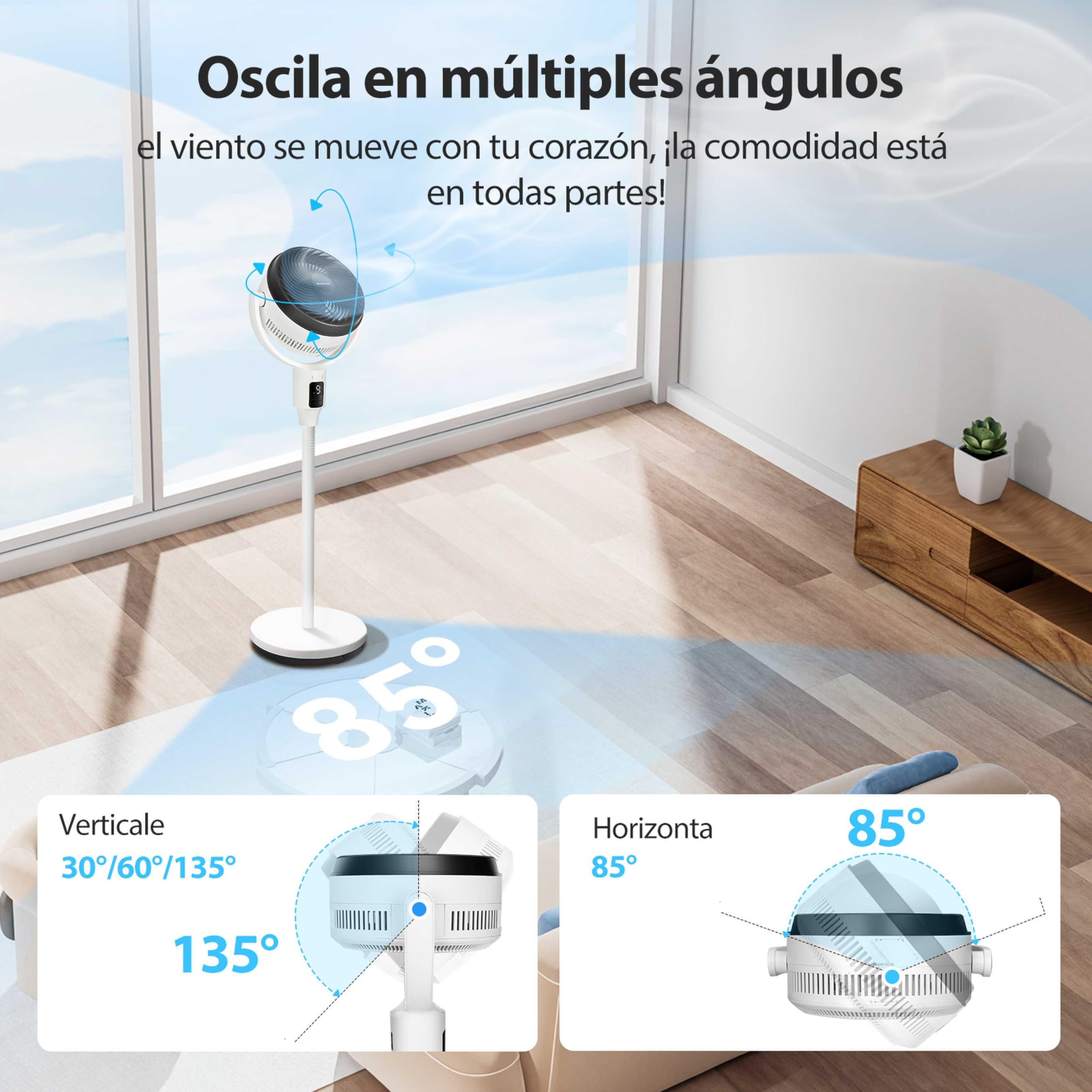 Aigostar Ventilador de Pie Silencioso 23dB con Mando, Motor DC, 24W Circulador Ventiladores Bajo Consumo, Oscilación 135°+85°, 9 Velocidades y Temporizador 9 H, Función de aromaterapia, Blanco Airflow