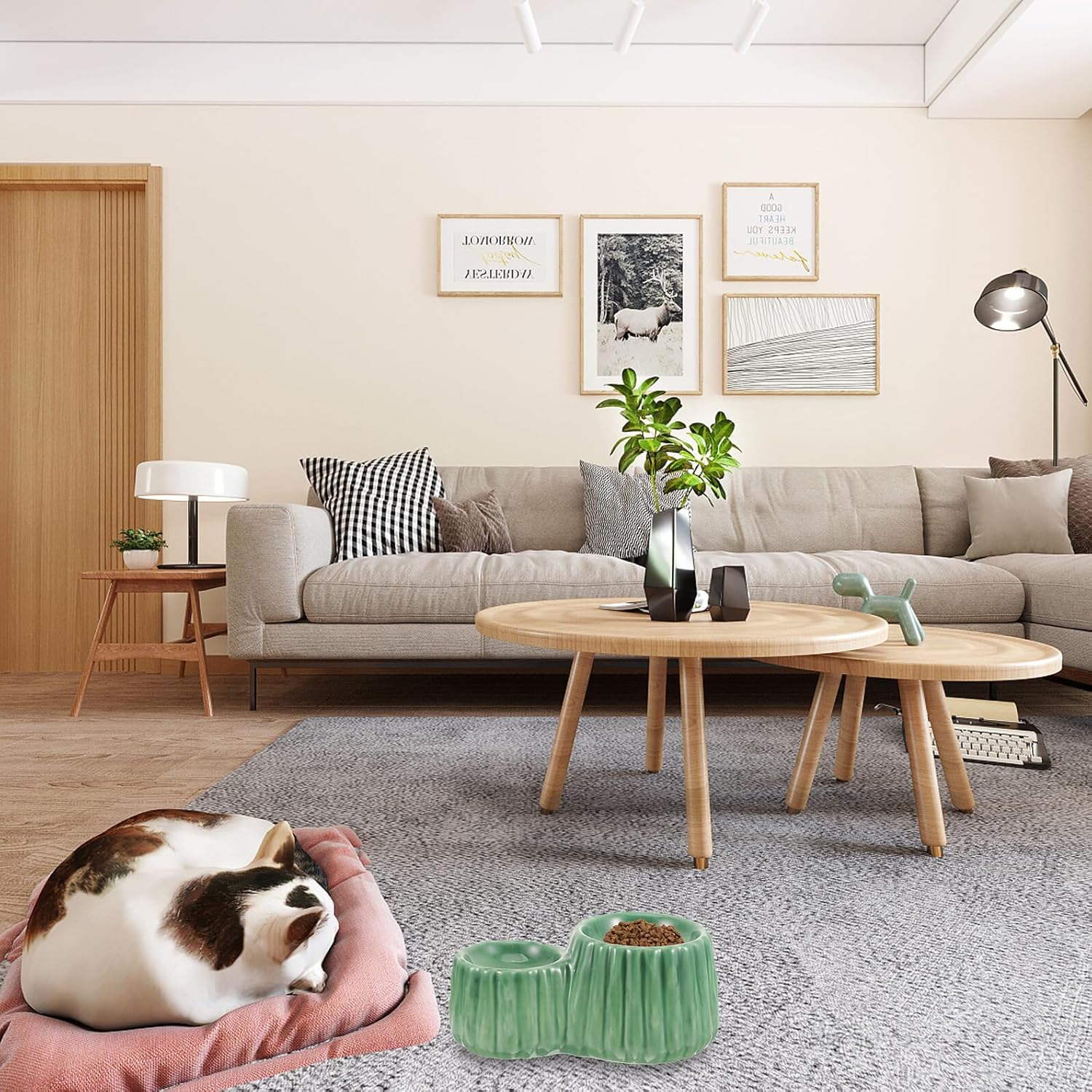 minkissy Ceramic Elevated Cat Dog Food Bowl Set with Tilted Design, Whisker-Friendly Raised Pet Feeding Dishes for Indoor Cats and Small Dogs, Green Double Bowls for Comfortable Eating