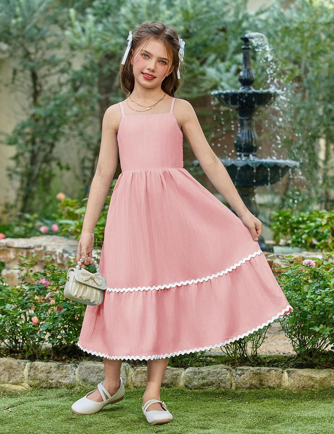 Arshiner Girls Spaghetti Strap Dress Tiered Cami Maxi Sundress with Pockets image 2