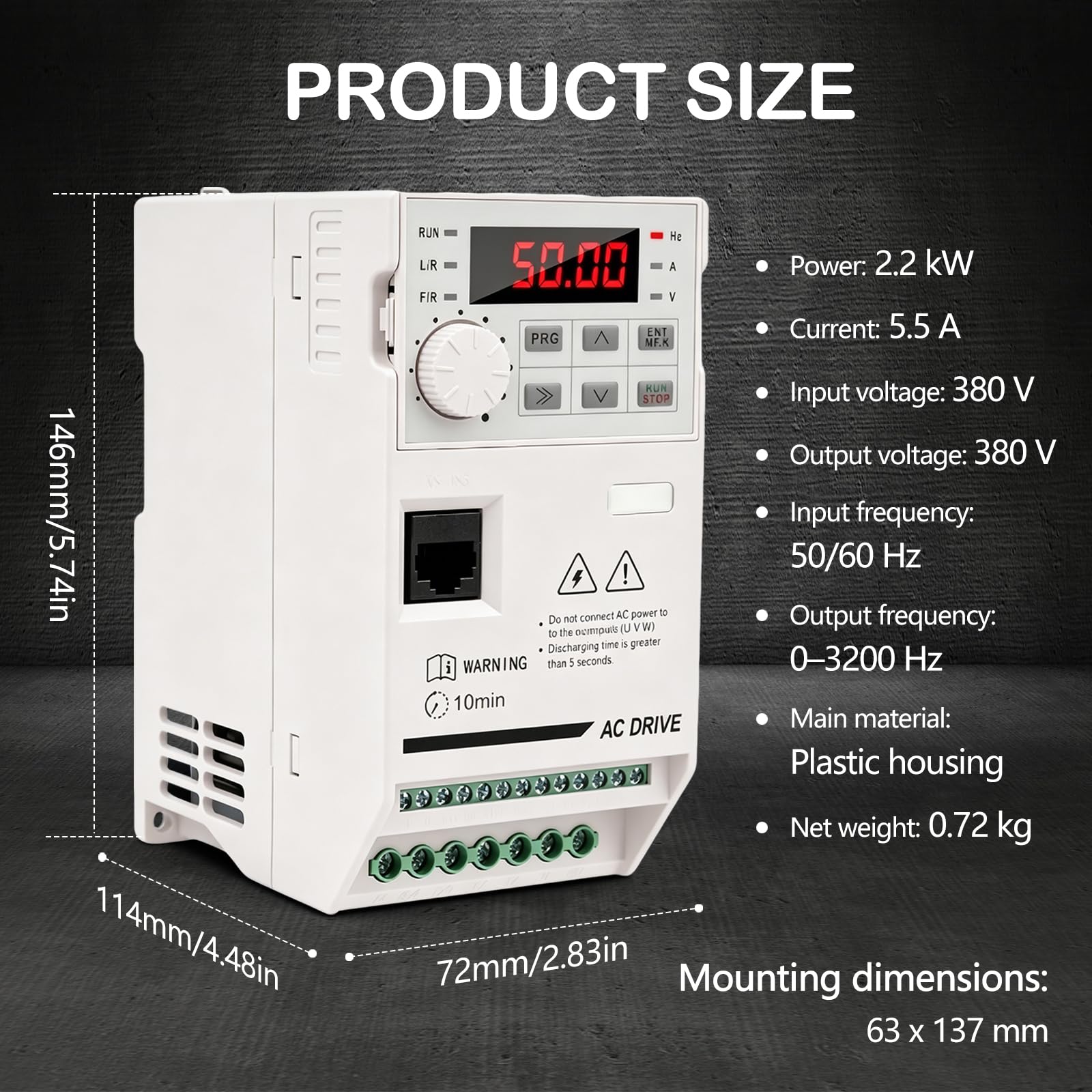 Variador de Frecuencia VFD 3 HP, 380V 2,2kW 5,5A Trifásico Entrada de 50-60 Hz a Salida Trifásica de 0-3200 Hz Incluye Cable de Extensión 2 m para Control de Velocidad de Motores de Husillo CNC