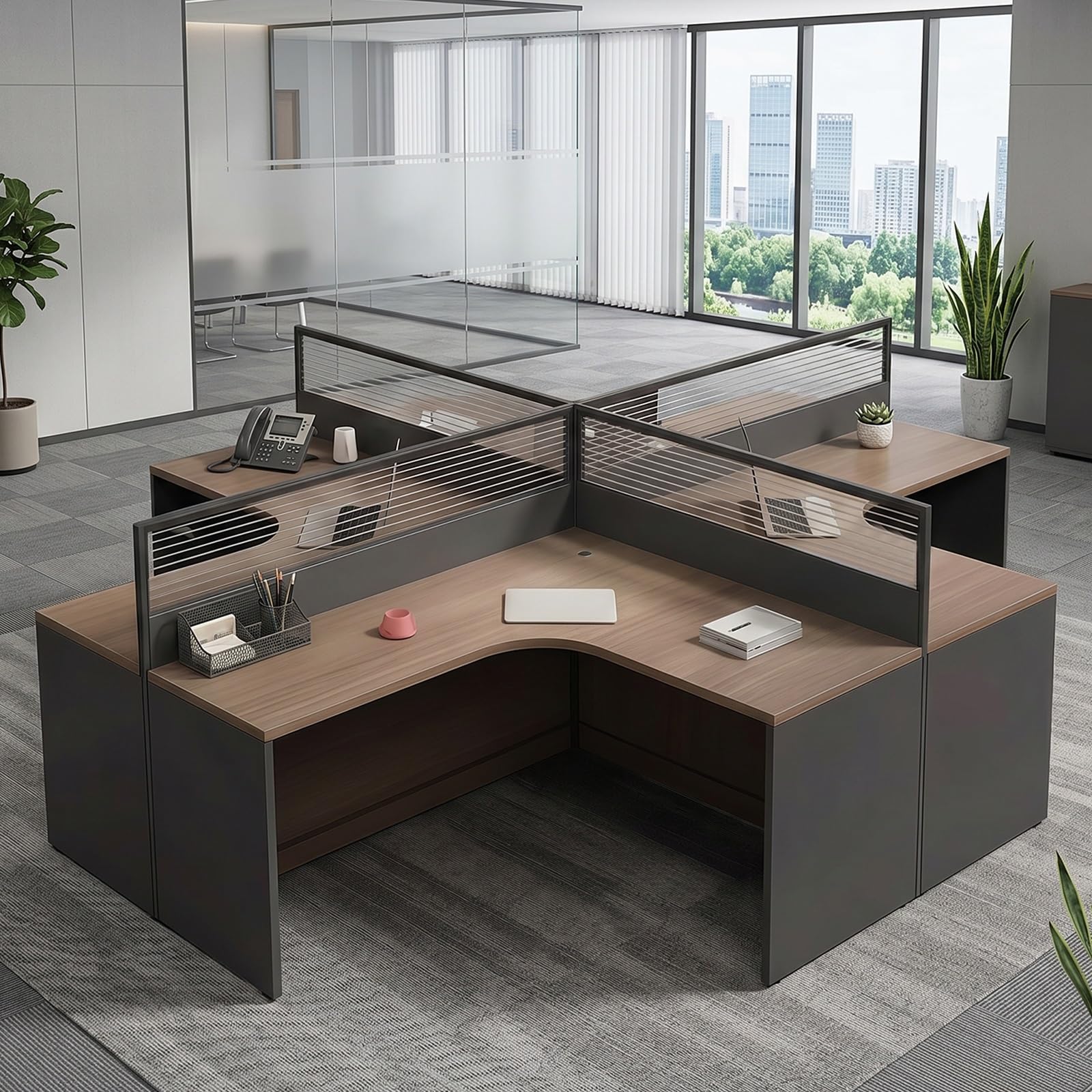 Postazione Di Lavoro Modulare per Ufficio, Scrivania Professionale Con Pannello Divisorio Fonoassorbente, Postazione Operativa per Aziende Con Sistema Passacavi(S4 person)