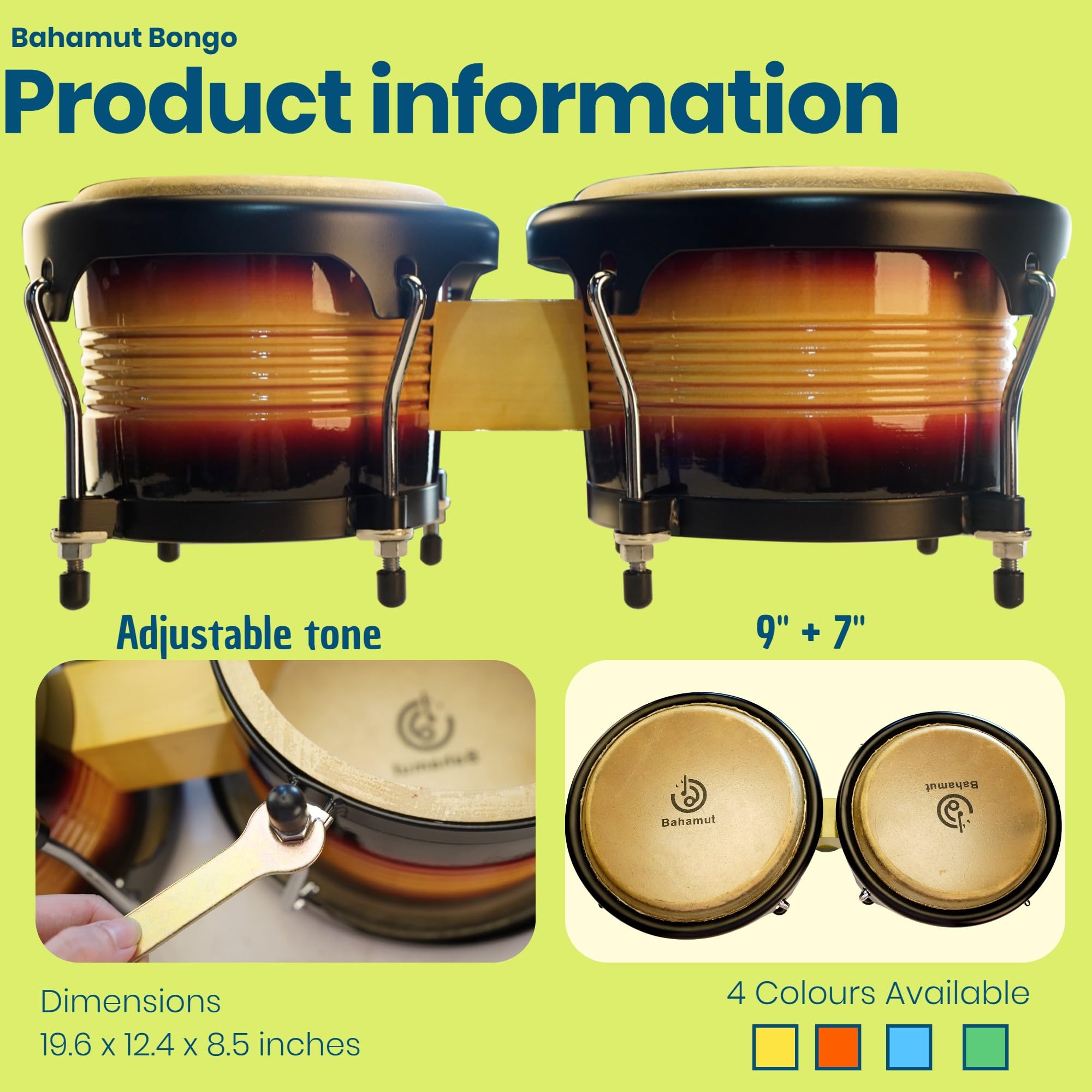 BAHAMUT Bongo Schlagzeug-Set, 17,8 cm + 22,9 cm, Holz-Bongos, Geschenk für Erwachsene, ideal für professionelle Spieler, mit Stimmschlüssel und wasserdichter Tasche
