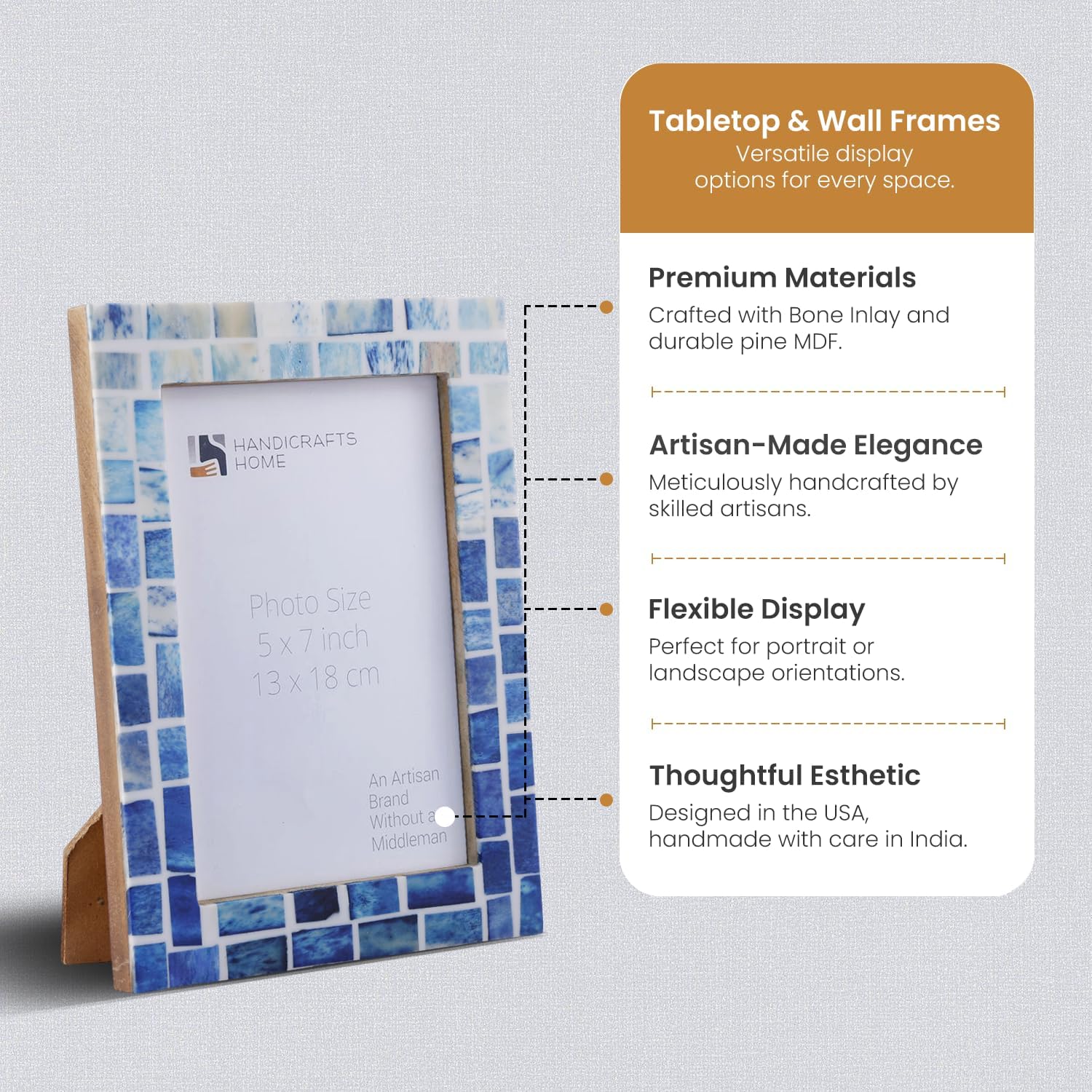 Handicrafts Home Blue Picture Frame, Handmade Bone Inlay 5x7 Photo Frame, Mosaic Indigo Pattern, Artisan Crafted Blue & White Frame for Wall & Tabletop, Coastal Modern Farmhouse Decor, Gallery Wall, Desk & Shelf Styling, Bedroom & Living Room Picture Frame, New Year & Holiday Gift – Mosaic Indigo