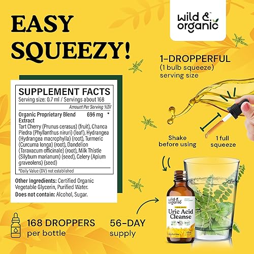 Miniatura 3 de Wild & Organic Gotas líquidas de limpieza de ácido úrico, cereza ácida, cúrcuma, apio, chanca piedra, complejo de extracto de raíz de diente de