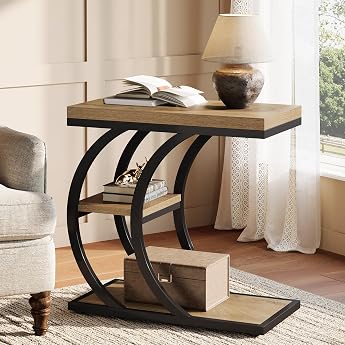 Tribesigns Side Table 3 Shelves Narrow Bedside Table with Storage Space C-Shaped Sofa Table Wood Industrial Small Table Side Table for Living Room Bedroom Small Spaces Natural 1