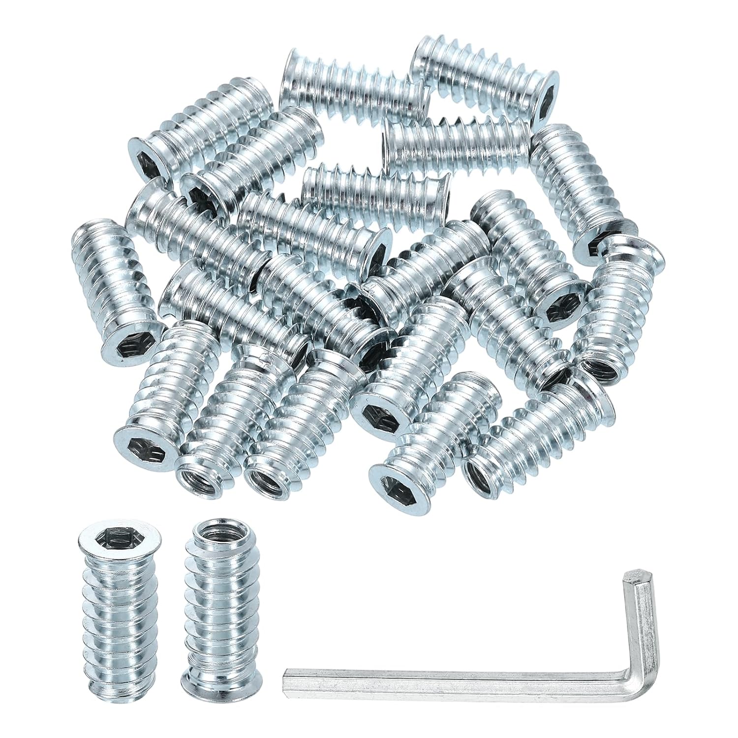 uxcell 100 Pcs Threaded Insert for Wood, 1/4" - 20 Carbon Steel Threaded Studs Hex Socket Drive Nut Inserts Screw in Nut Fastener Connector with Hex Wrench 25mm Length for Home, Silver
